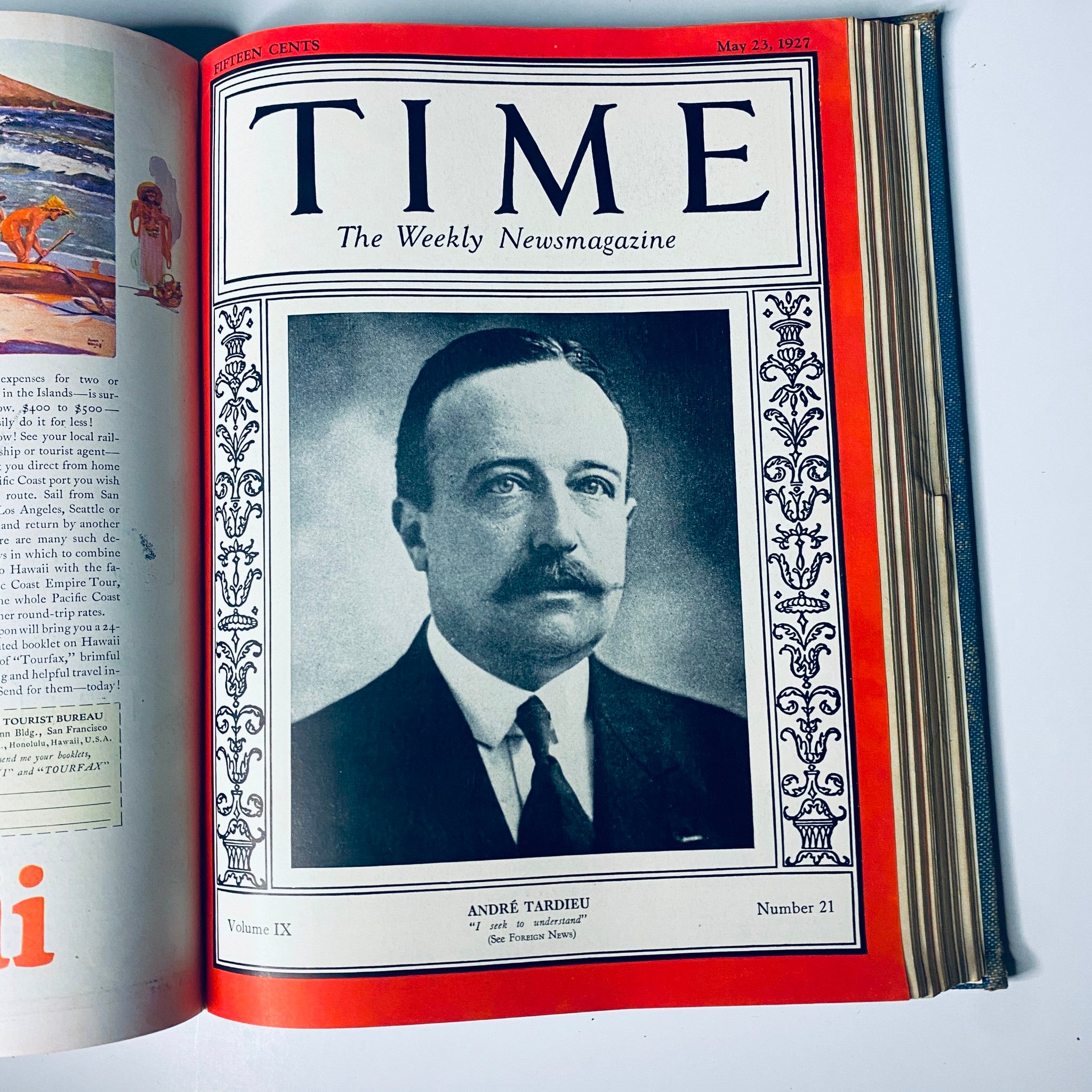 Cover of Time Magazine dated May 23, 1927, featuring André Tardieu, part of the complimentary bound volume from January to June 1927 titled 'Time Magazine Bound Weekly 1927 January - June TURKEY Mustafa Kemal Pasha'.