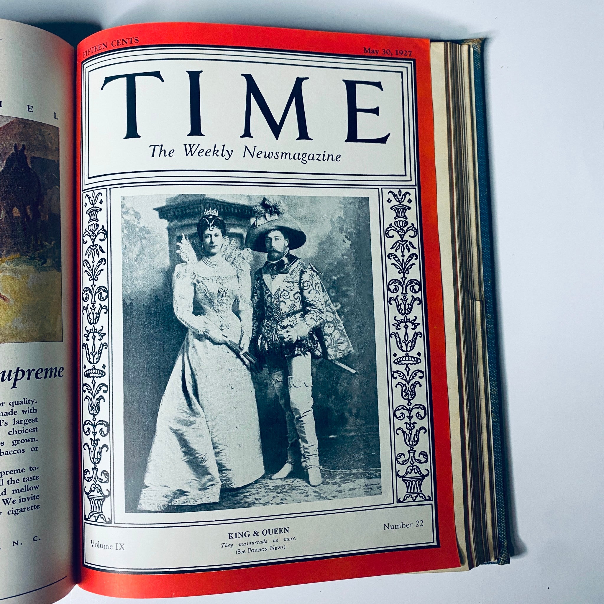 Cover of Time Magazine dated May 30, 1927, showcasing a portrait of a King and Queen, included in the time capsule of historical content from the 'Time Magazine Bound Weekly 1927 January - June TURKEY Mustafa Kemal Pasha'.