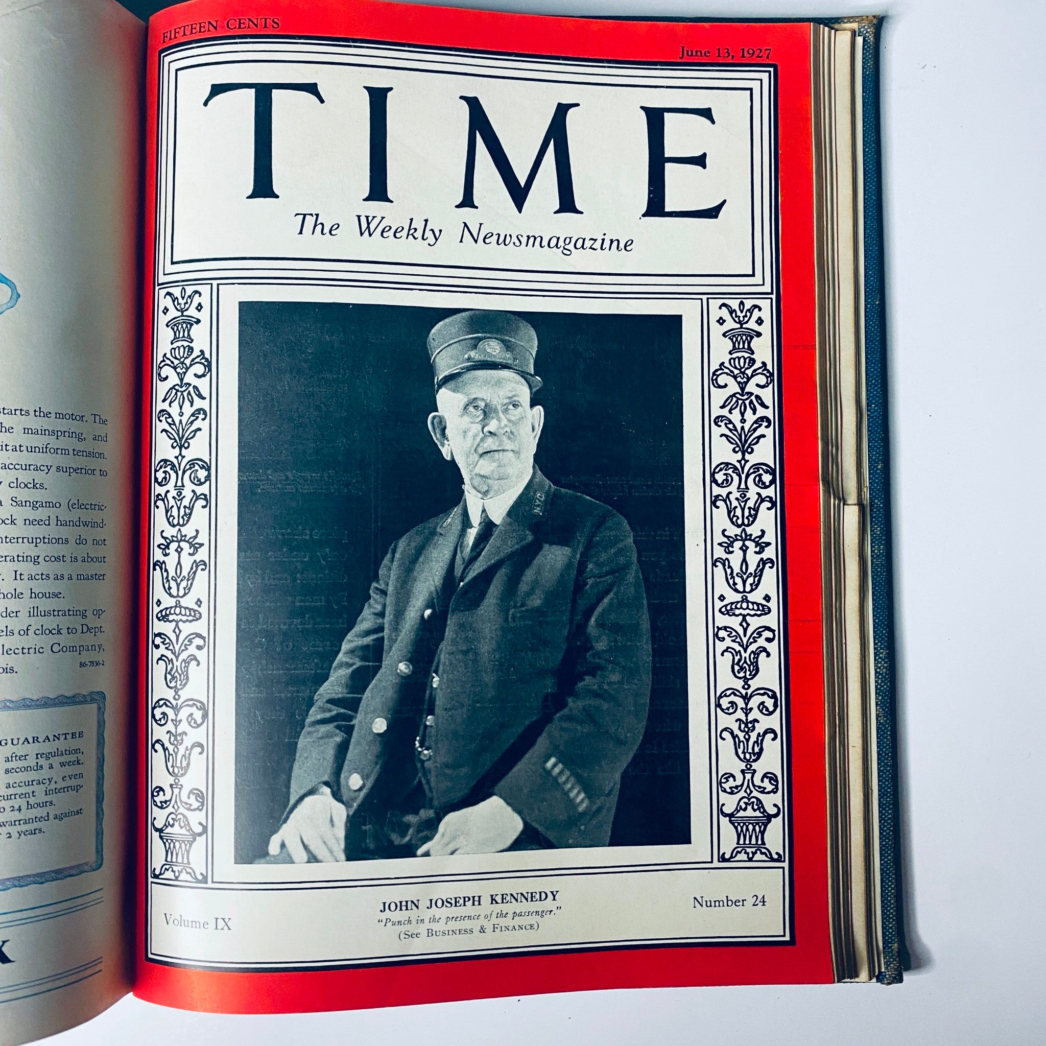 Cover of Time Magazine for June 13, 1927, featuring John Joseph Kennedy, part of the Bound Weekly collection from January to June 1927, showcasing significant historical figures.