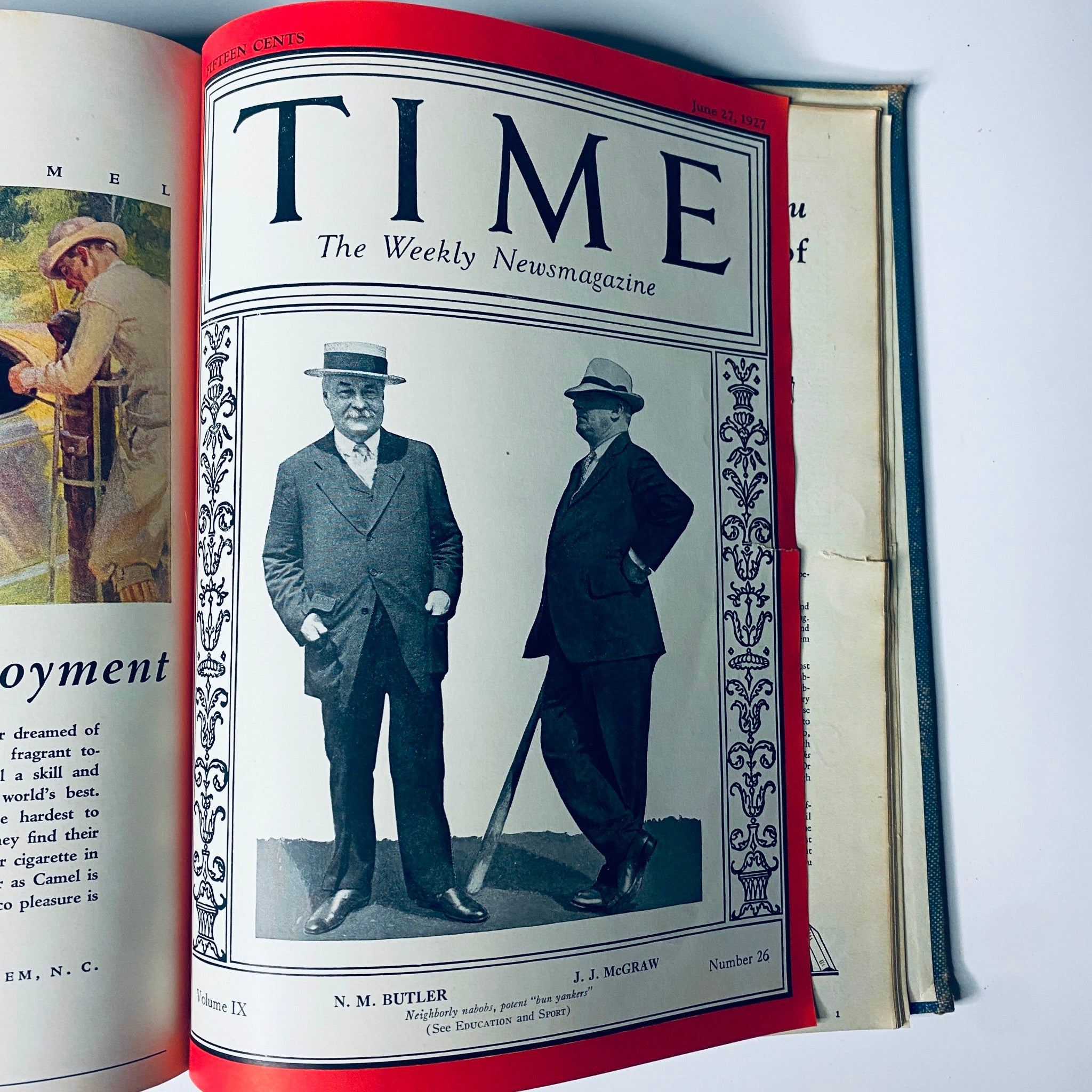 Cover of Time Magazine for June 27, 1927, featuring N. M. Butler and J. J. McGraw, part of the Bound Weekly collection from January to June 1927, illustrating prominent individuals in history.