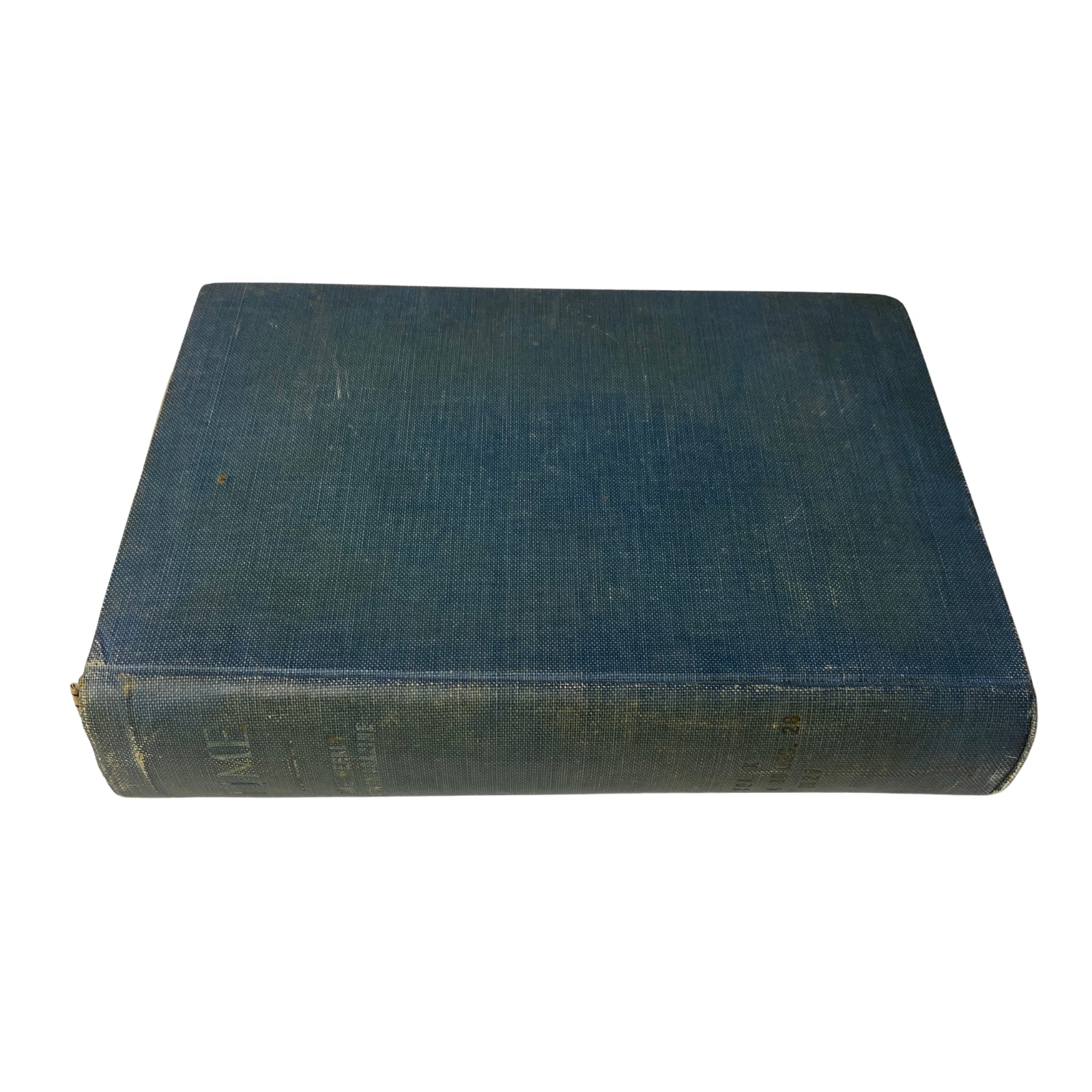 Side view of the bound collection of Time Magazine, highlighting the volume of issues from July to December 1927 with a blue textured spine.