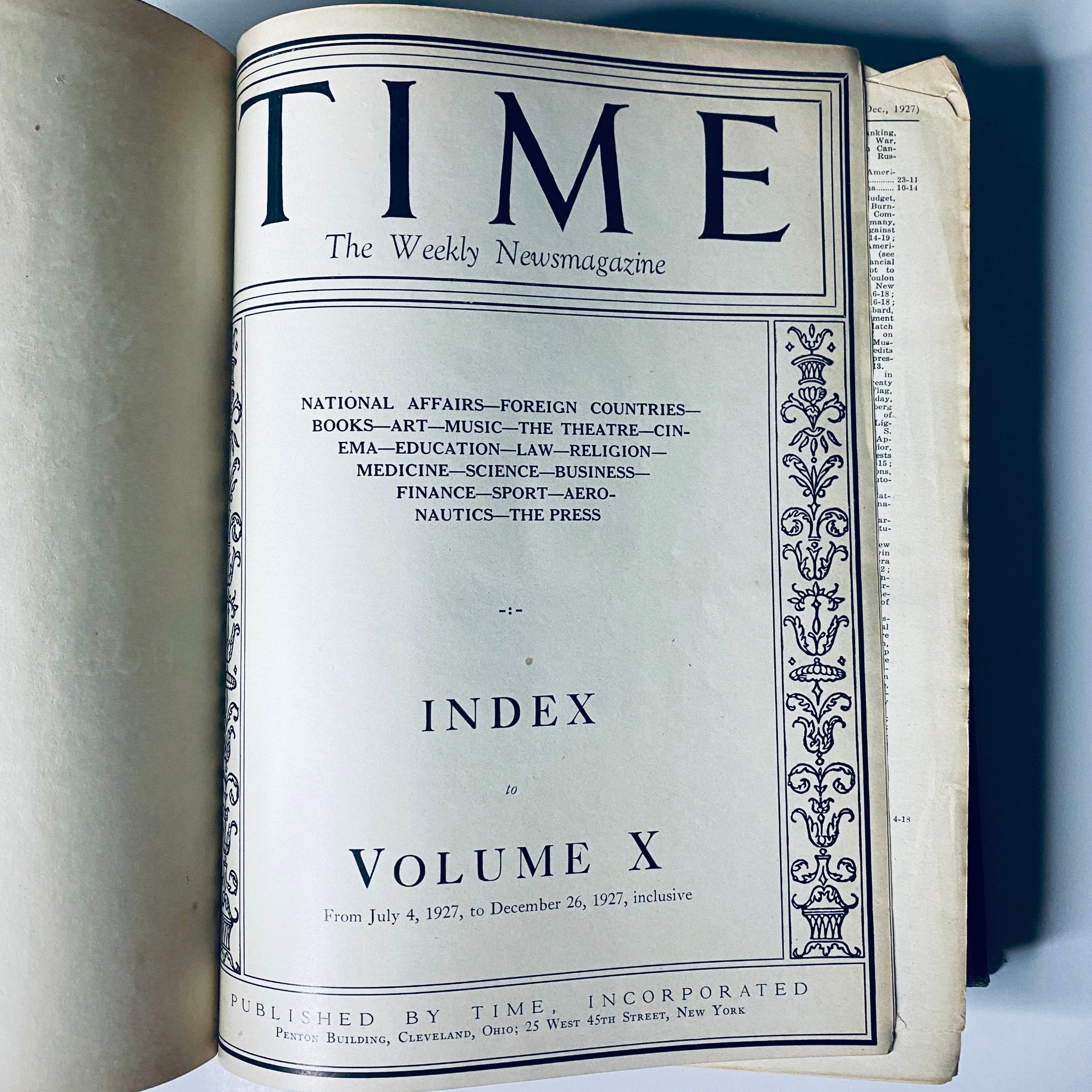 Index page of Time Magazine Bound Weekly 1927 July - December, outlining topics covered from July 4, 1927 to December 26, 1927.