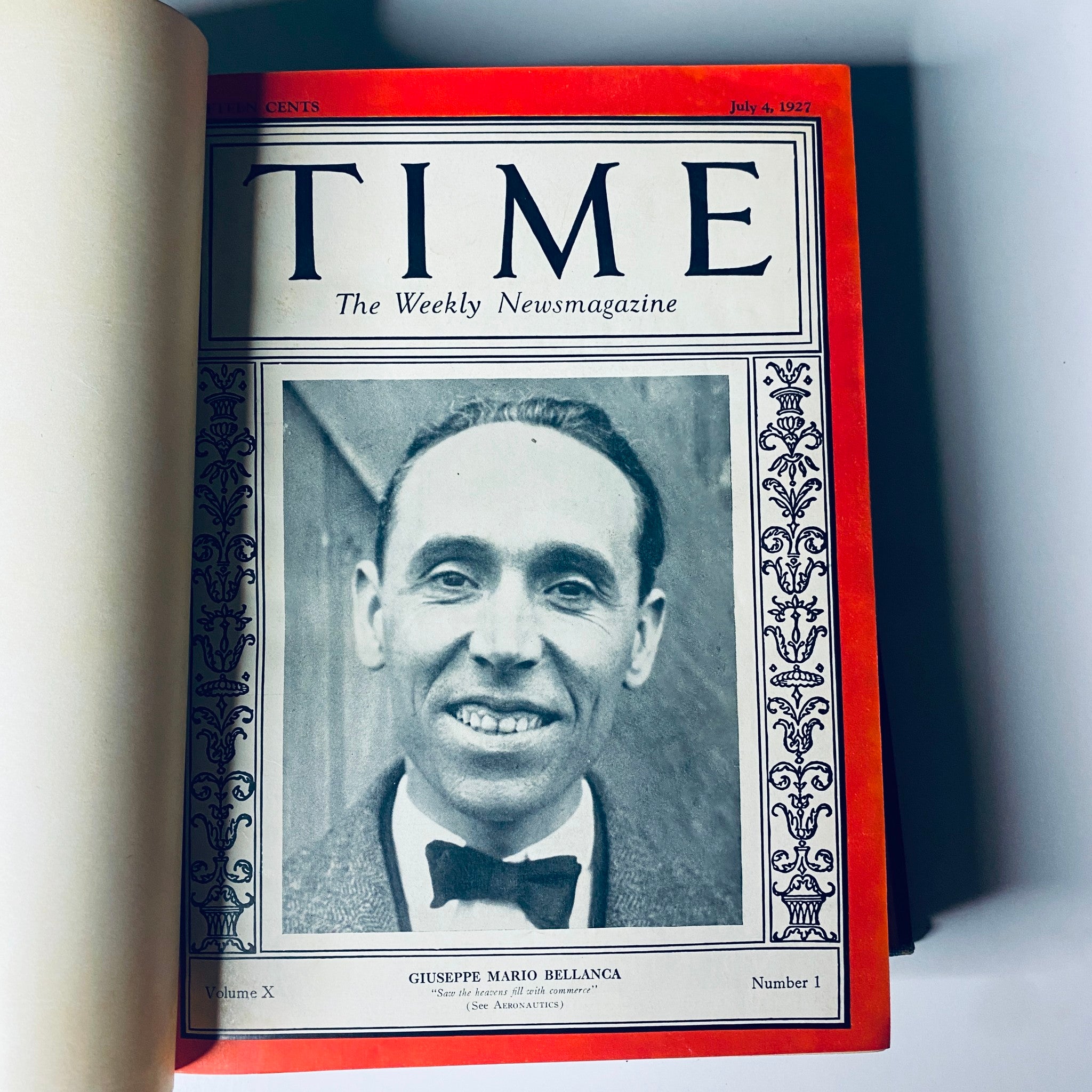 Cover page of the first issue in Time Magazine Bound Weekly 1927 featuring Giuseppe Mario Bellanca, dated July 4, 1927.