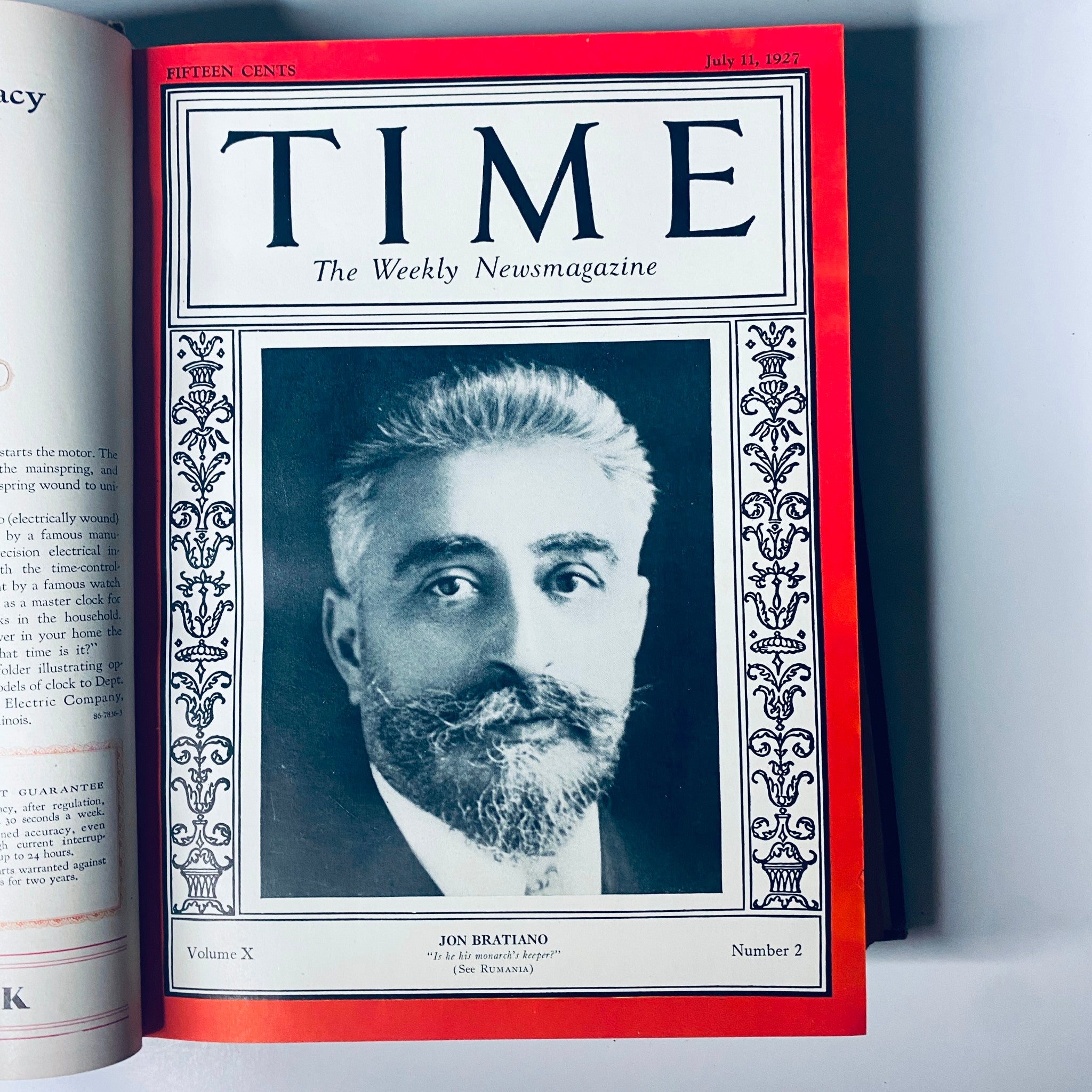 Cover page of the second issue in Time Magazine Bound Weekly 1927 featuring Jon Brătianu, dated July 11, 1927.
