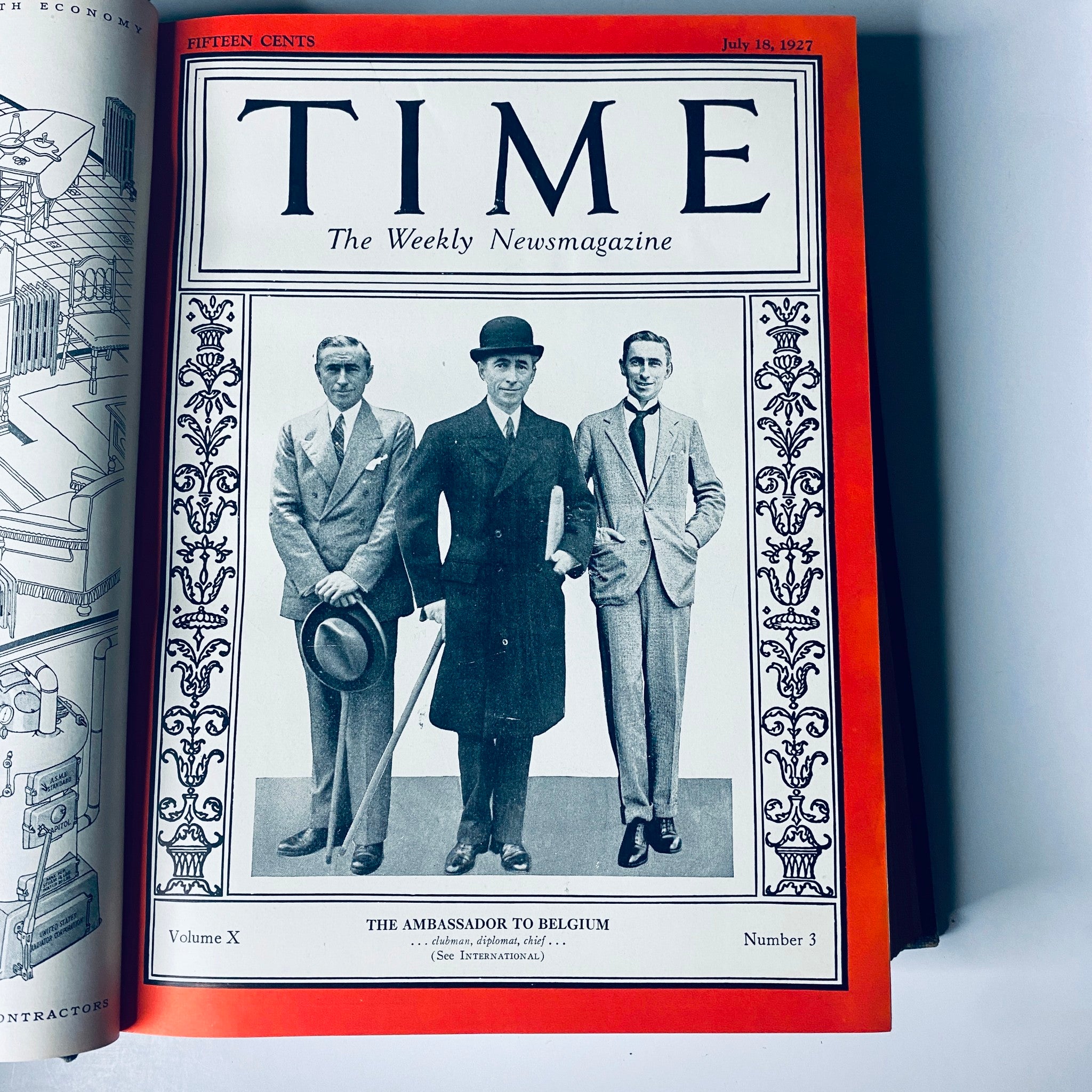 Cover of Time Magazine from July 18, 1927, featuring 'The Ambassador to Belgium' and three men in suit attire.