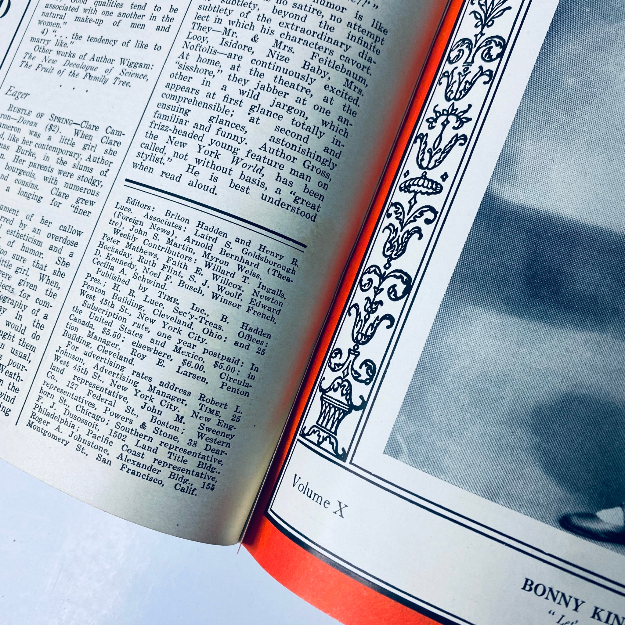 Close-up view of the inner pages of Time Magazine July 1927, showing editorial details and articles relevant to the issue.