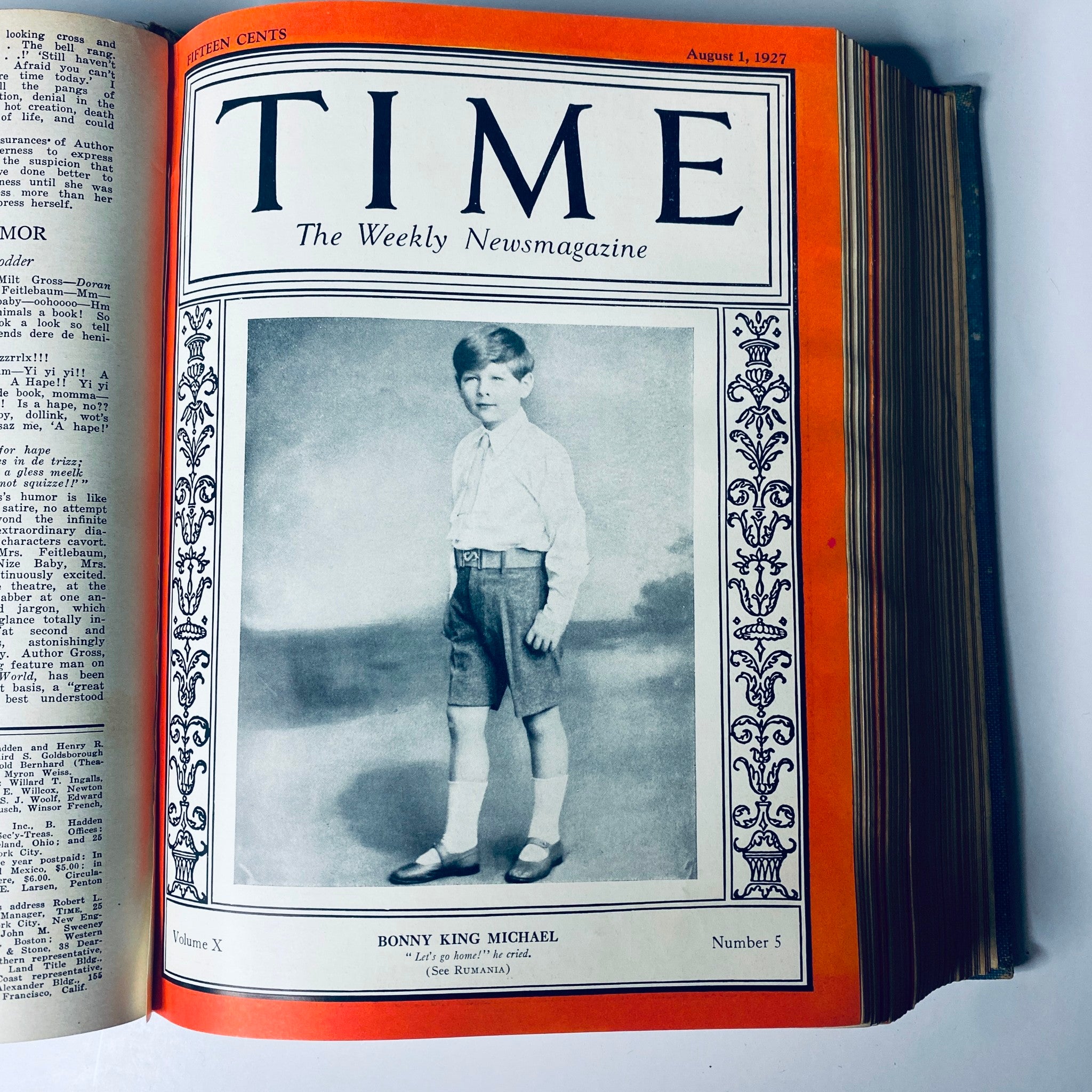 Cover of Time Magazine from August 1, 1927, featuring 'Bonny King Michael', displaying a young boy in formal attire.