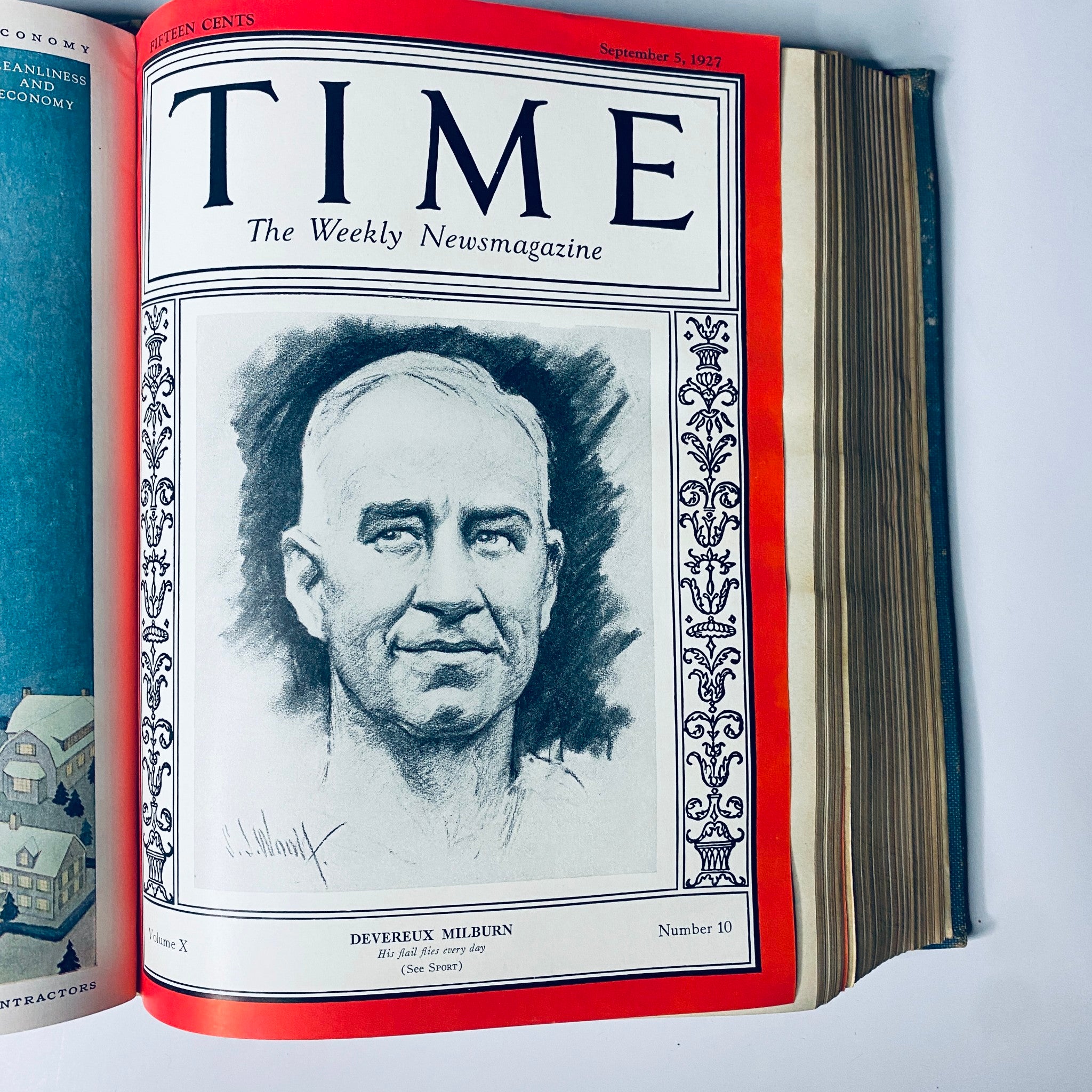 Cover of Time Magazine from September 5, 1927 featuring a portrait of Devereux Milburn, acknowledged for his notable contributions in his field.
