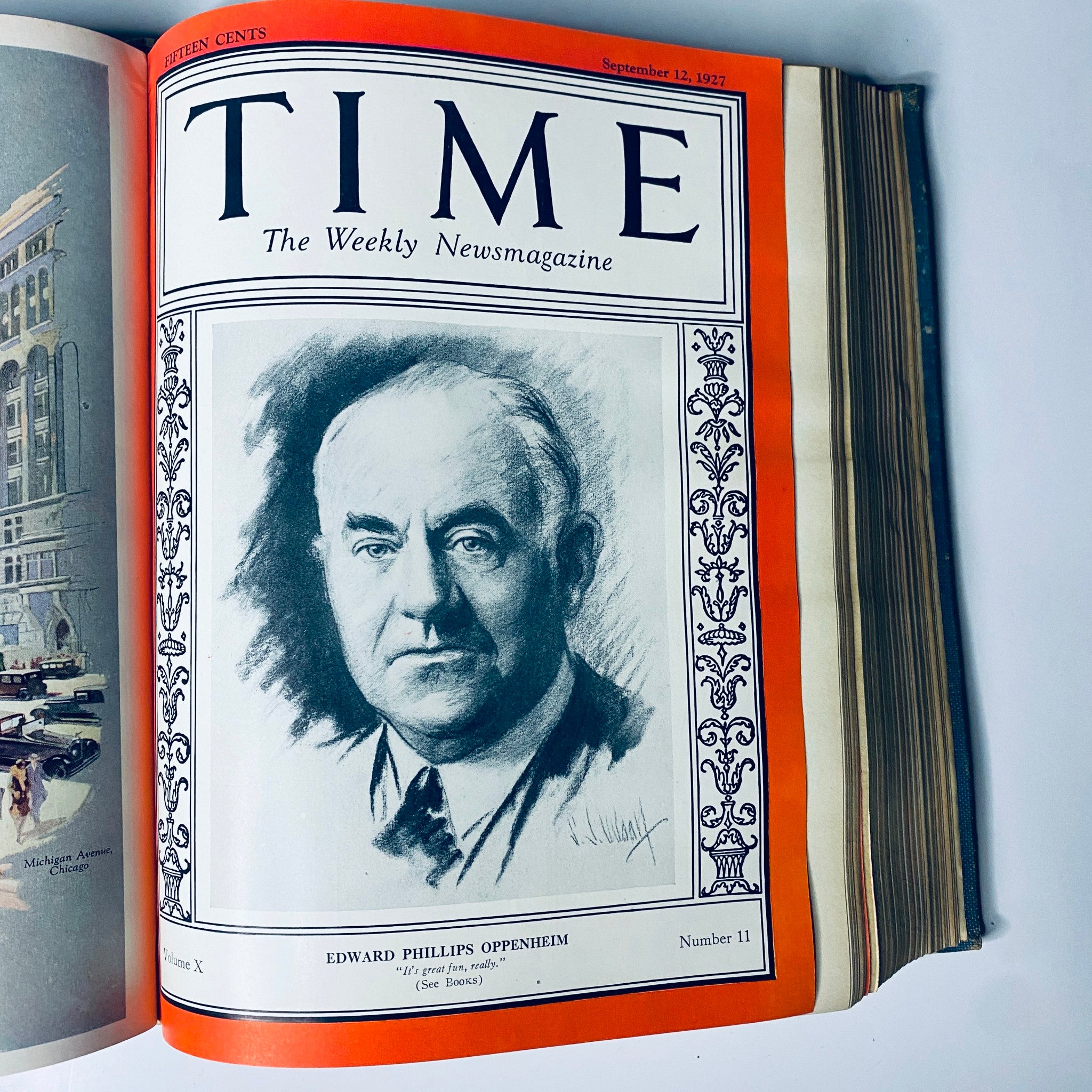 Cover of Time Magazine from September 12, 1927 featuring a portrait of Edward Phillips Oppenheim, known for his writings and influence in literature.
