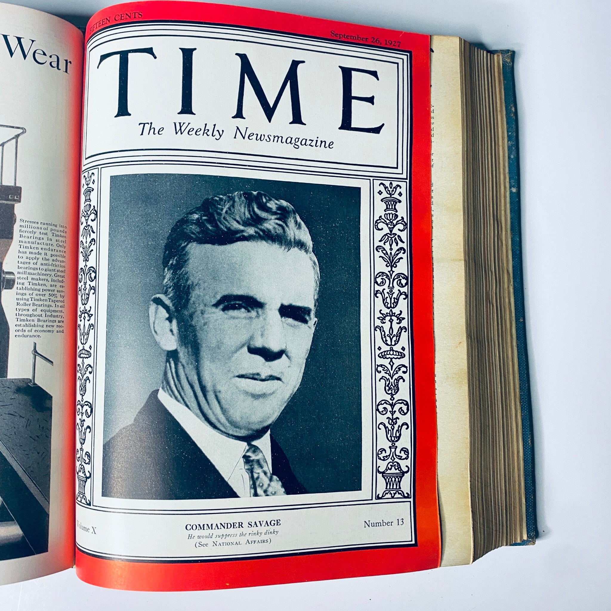 Time Magazine cover from September 26, 1927 featuring Commander Savage. Includes title and black-and-white image of the featured individual. Time Magazine Bound Weekly 1927 July - December Bishop Brent, Coach Rockne.
