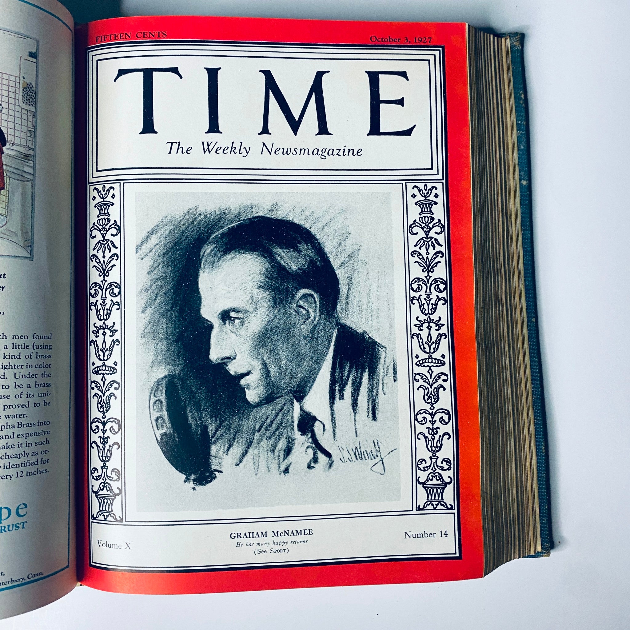 Time Magazine cover from October 3, 1927 showcasing Graham McNamee. Features a sketch of McNamee speaking into a microphone. Time Magazine Bound Weekly 1927 July - December Bishop Brent, Coach Rockne.