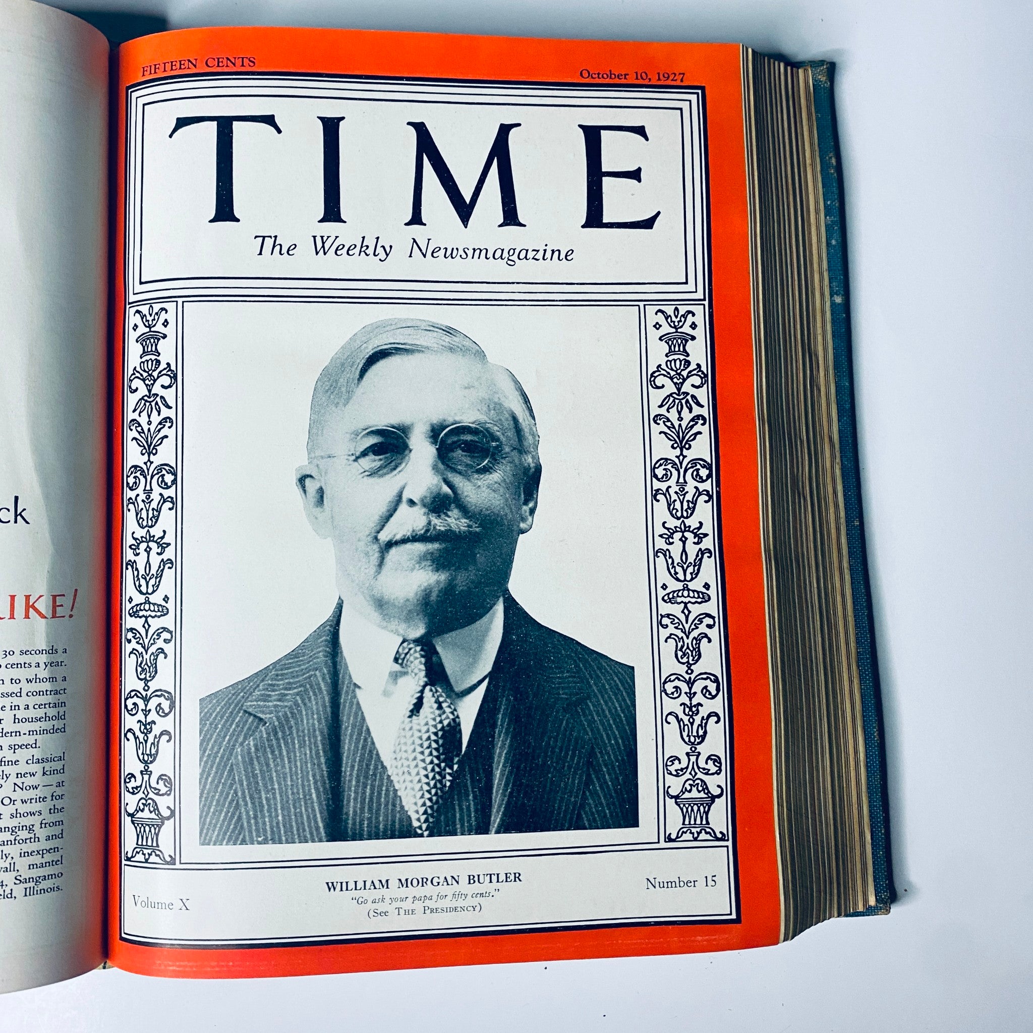 Time Magazine cover from October 10, 1927 highlighting William Morgan Butler. Displays a formal portrait of Butler in a striped suit. Time Magazine Bound Weekly 1927 July - December Bishop Brent, Coach Rockne.