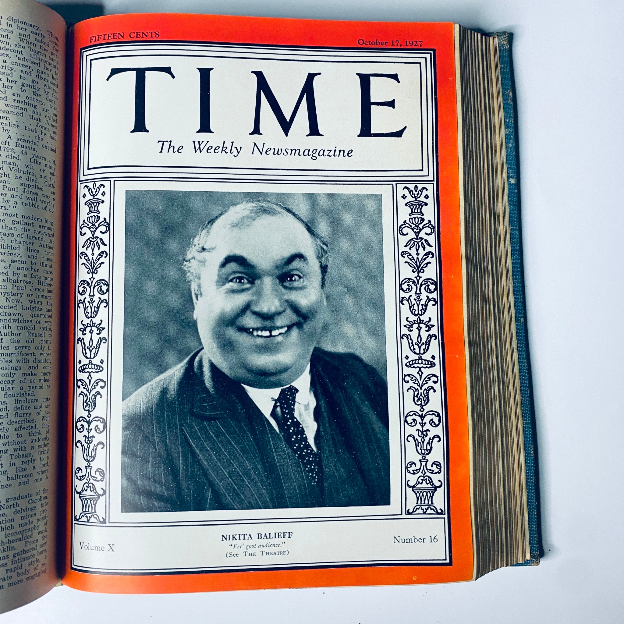 Time Magazine cover from October 17, 1927 featuring Nikita Balieff. Portrait of Balieff smiling, framed in an ornate cover design. Time Magazine Bound Weekly 1927 July - December Bishop Brent, Coach Rockne.