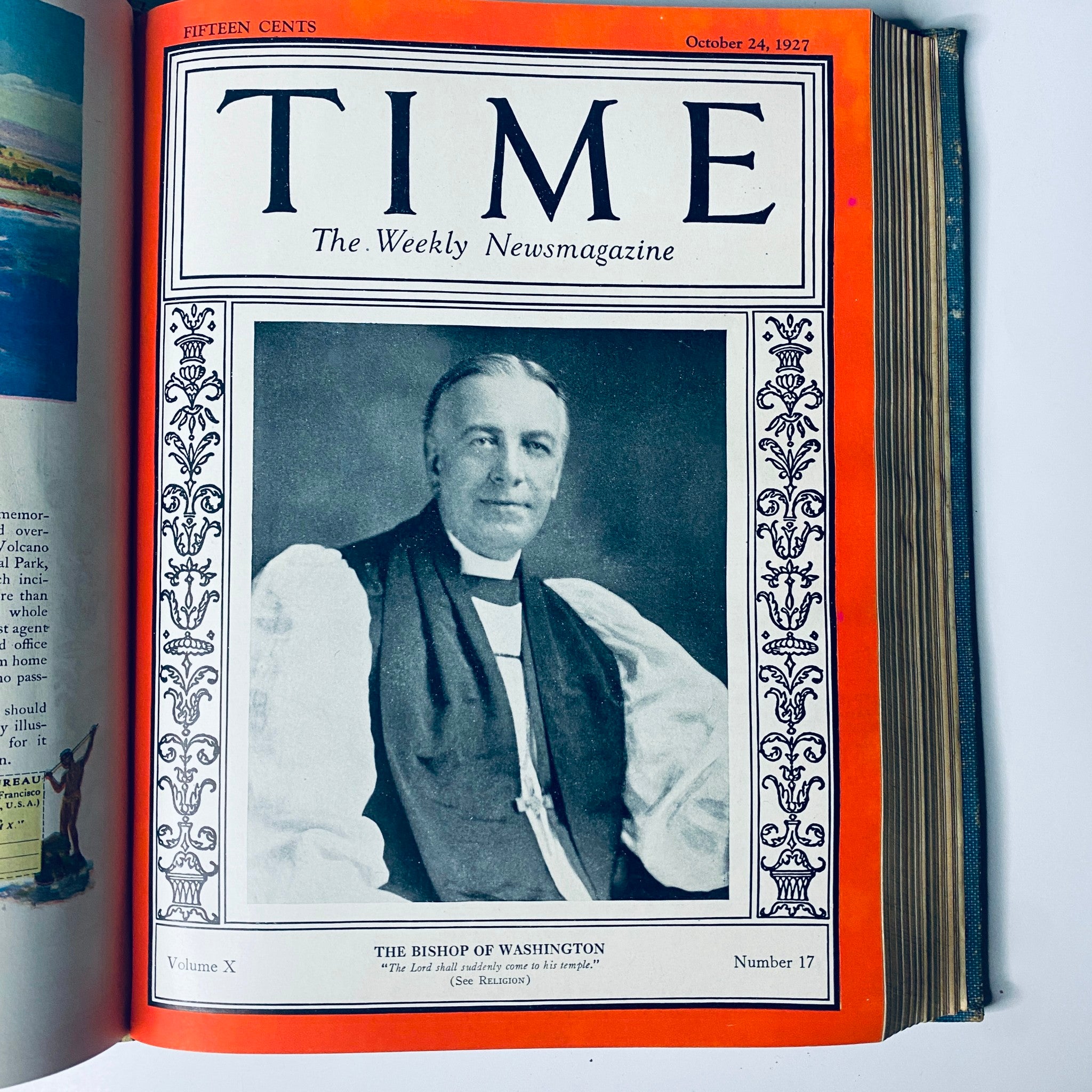 Time Magazine cover from October 24, 1927 showing The Bishop of Washington. Includes an image of the bishop in ecclesiastical attire, surrounded by decorative elements. Time Magazine Bound Weekly 1927 July - December Bishop Brent, Coach Rockne.