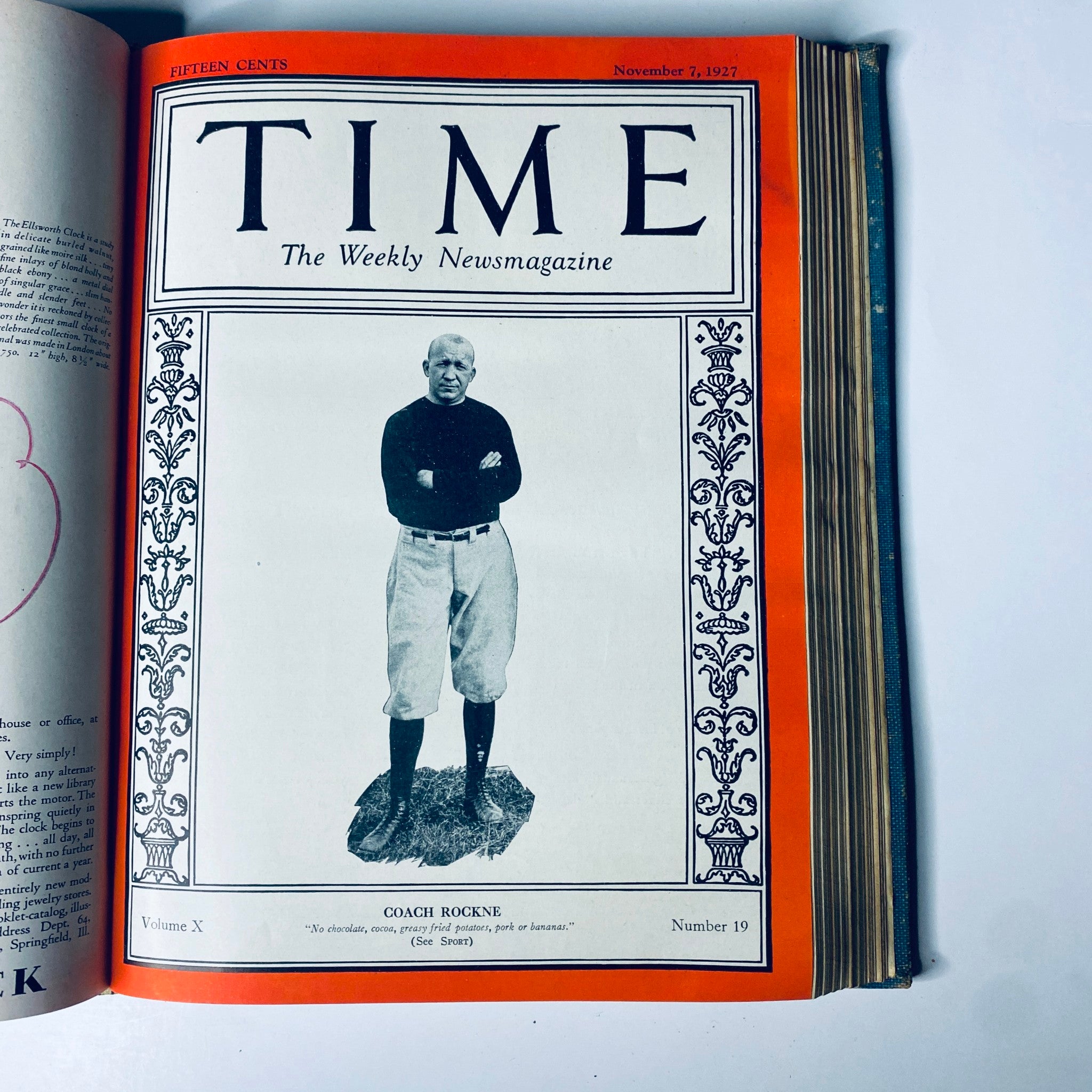 Cover of Time Magazine, November 7, 1927, showcasing Coach Rockne, included in the Time Magazine Bound Weekly July to December 1927.