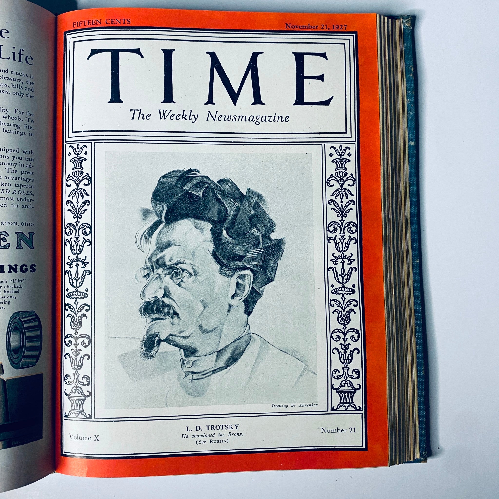 Cover of Time Magazine, November 21, 1927, featuring L. D. Trotsky, included in the Time Magazine Bound Weekly July to December 1927.