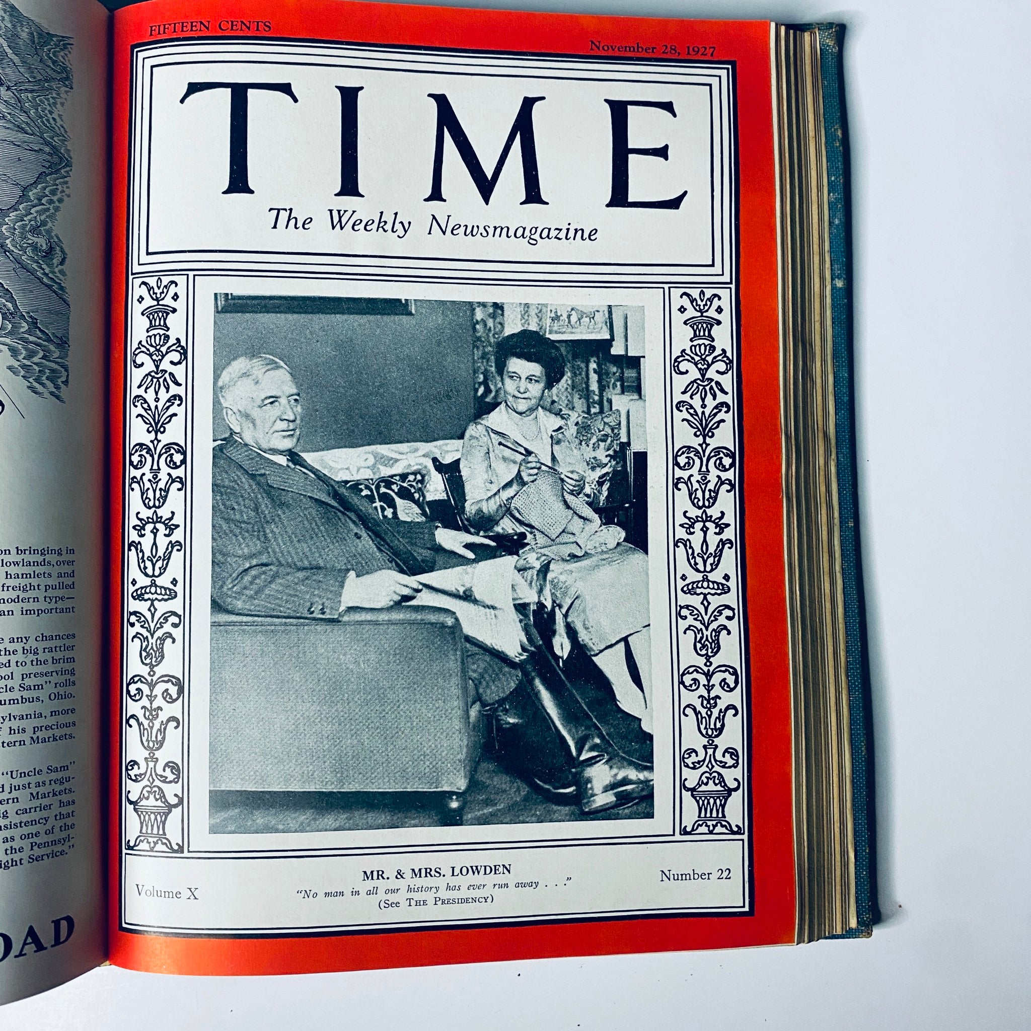 Cover of Time Magazine, November 28, 1927, showing Mr. & Mrs. Lowden, part of the Time Magazine Bound Weekly July to December 1927 collection.