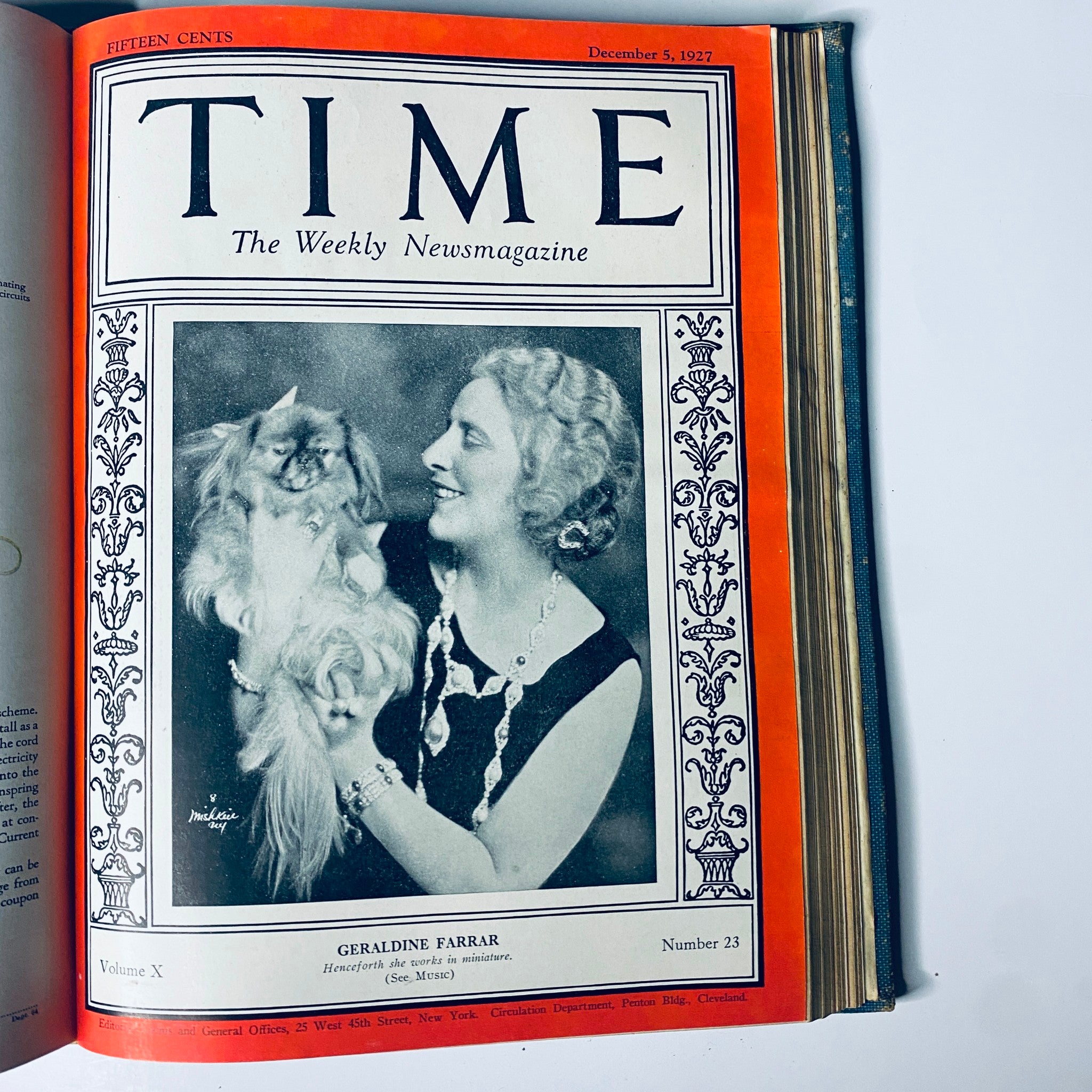 Cover of Time Magazine, December 5, 1927, featuring Geraldine Farrar with a cat, from the Time Magazine Bound Weekly July to December 1927 collection.