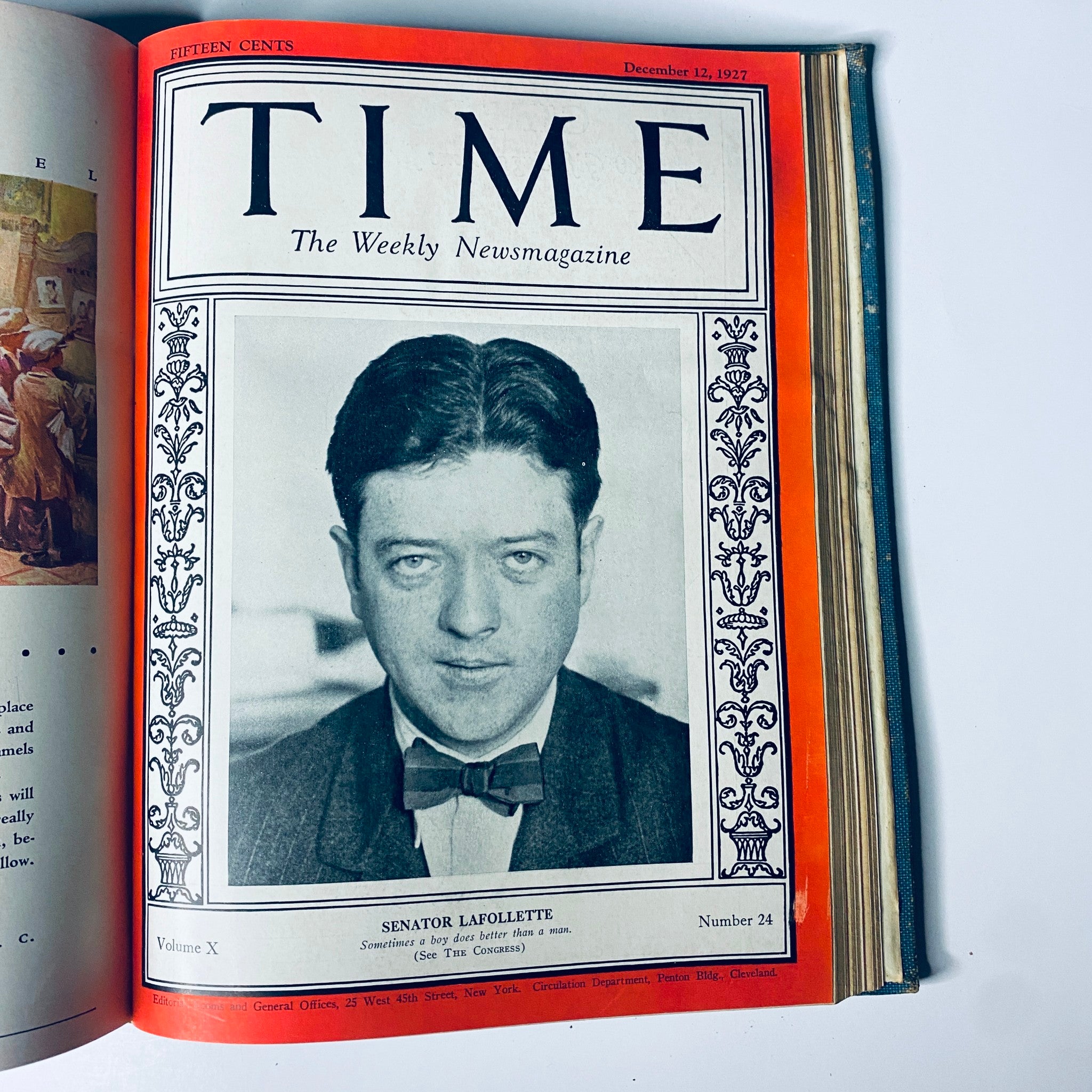 Cover of Time Magazine, December 12, 1927, featuring Senator La Follette, from the Time Magazine Bound Weekly July to December 1927 collection.