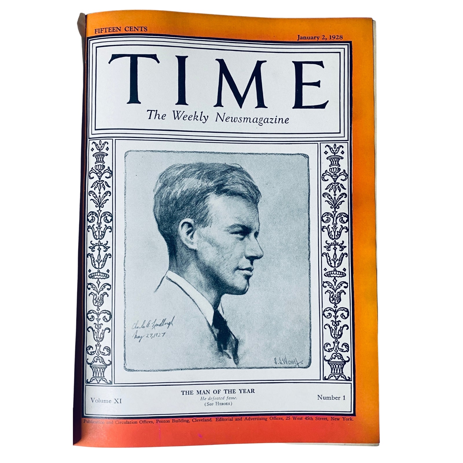 Cover of Time Magazine Bound Weekly, January 2, 1928, featuring a portrait of the 'Man of the Year,' highlighting notable figures from 1928, including Charles Lindbergh and Herbert Hoover.