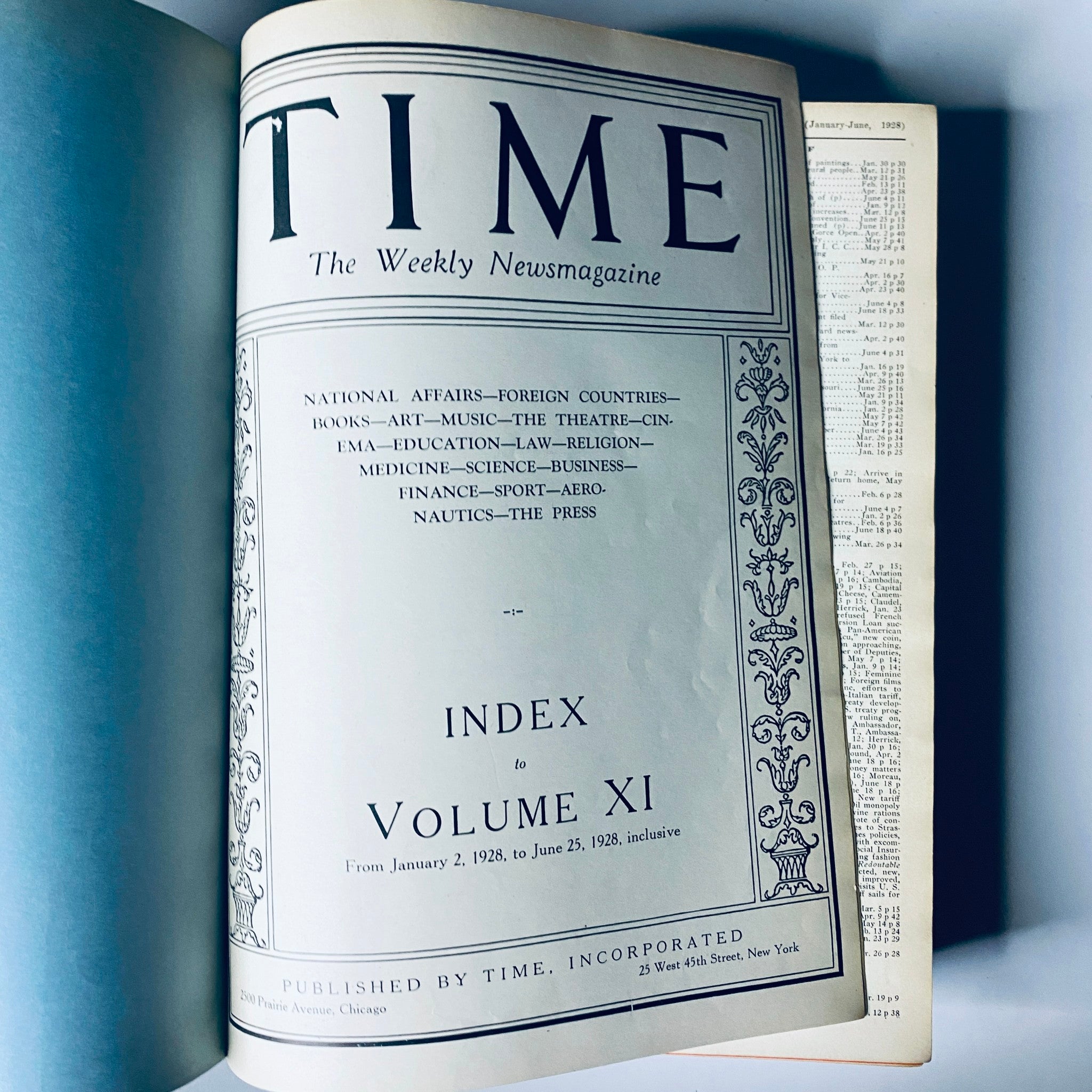 Cover of Time Magazine showing the index for Volume XI, covering January to June 1928, featuring national affairs and various topics.