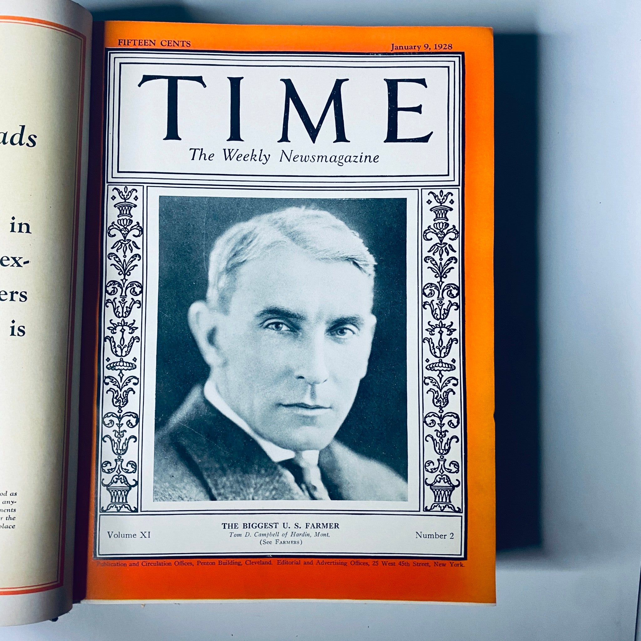 Time Magazine cover from January 9, 1928, featuring the headline 'The Biggest U.S. Farmer' with a photograph of Tom D. Campbell.
