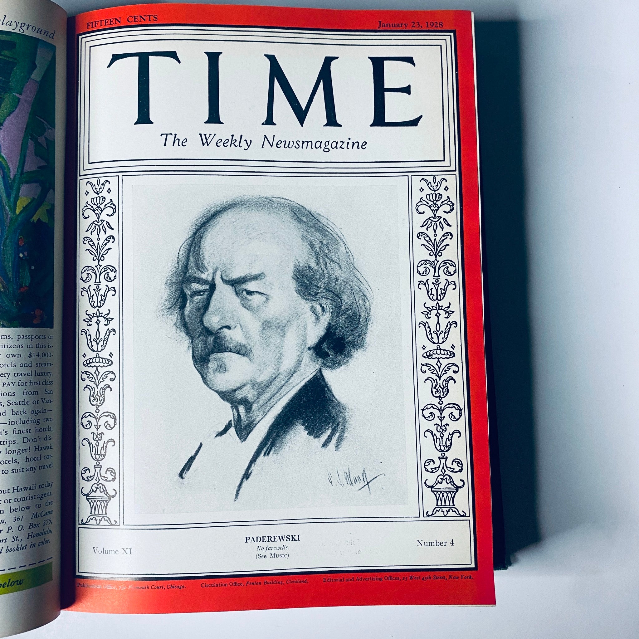 Time Magazine cover from January 23, 1928, featuring a portrait of Paderewski, a celebrated musician.