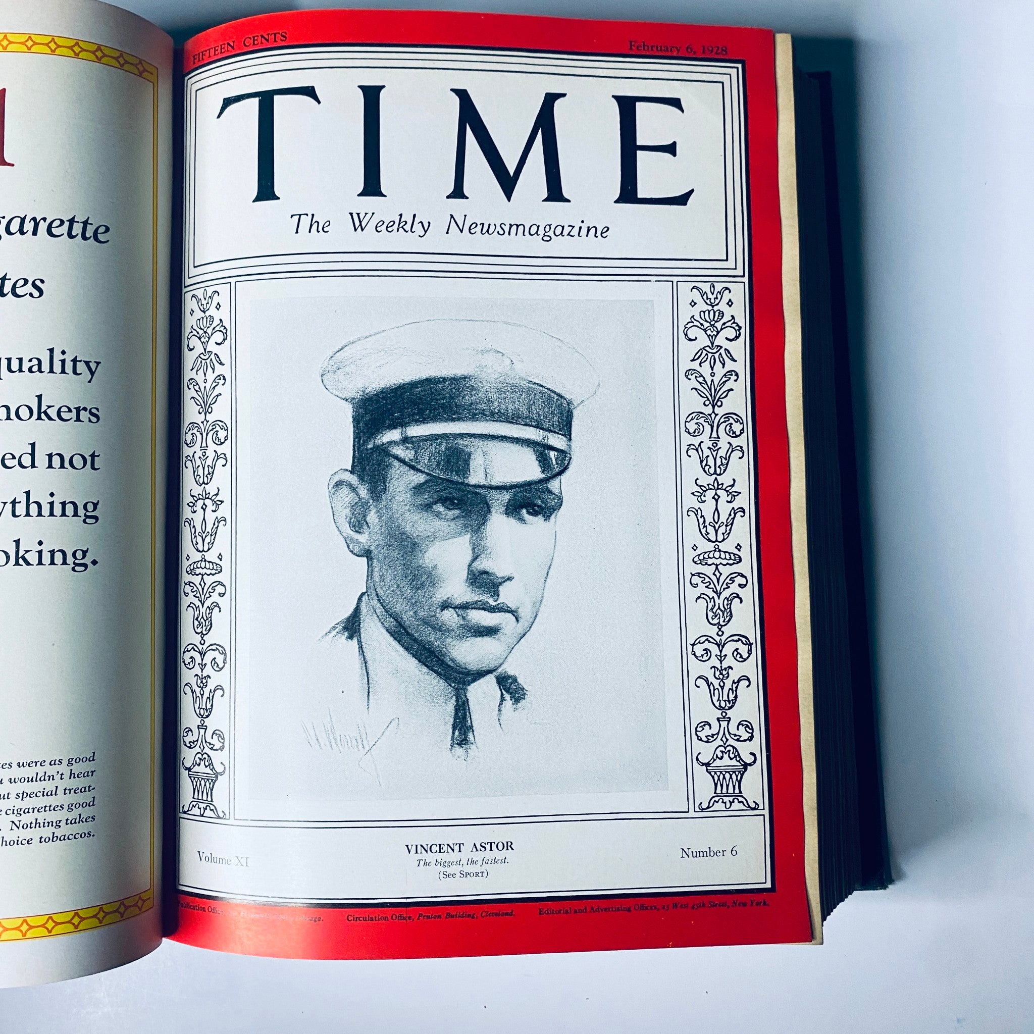 Cover page of Time Magazine from February 6, 1928, featuring a portrait drawing of Vincent Astor, part of the Time Magazine Bound Weekly collection from January to June 1928.