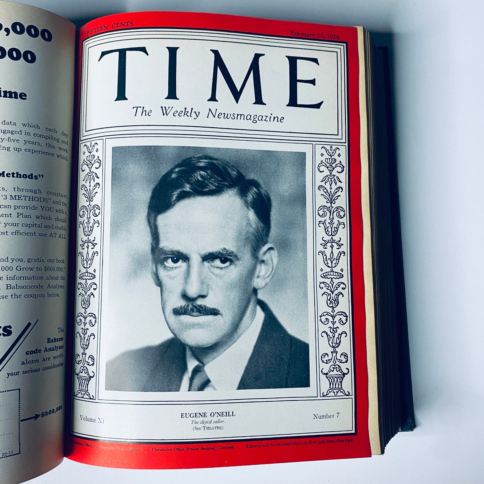 Cover page of Time Magazine from February 13, 1928, featuring a portrait of playwright Eugene O'Neill, part of the Time Magazine Bound Weekly collection from January to June 1928.