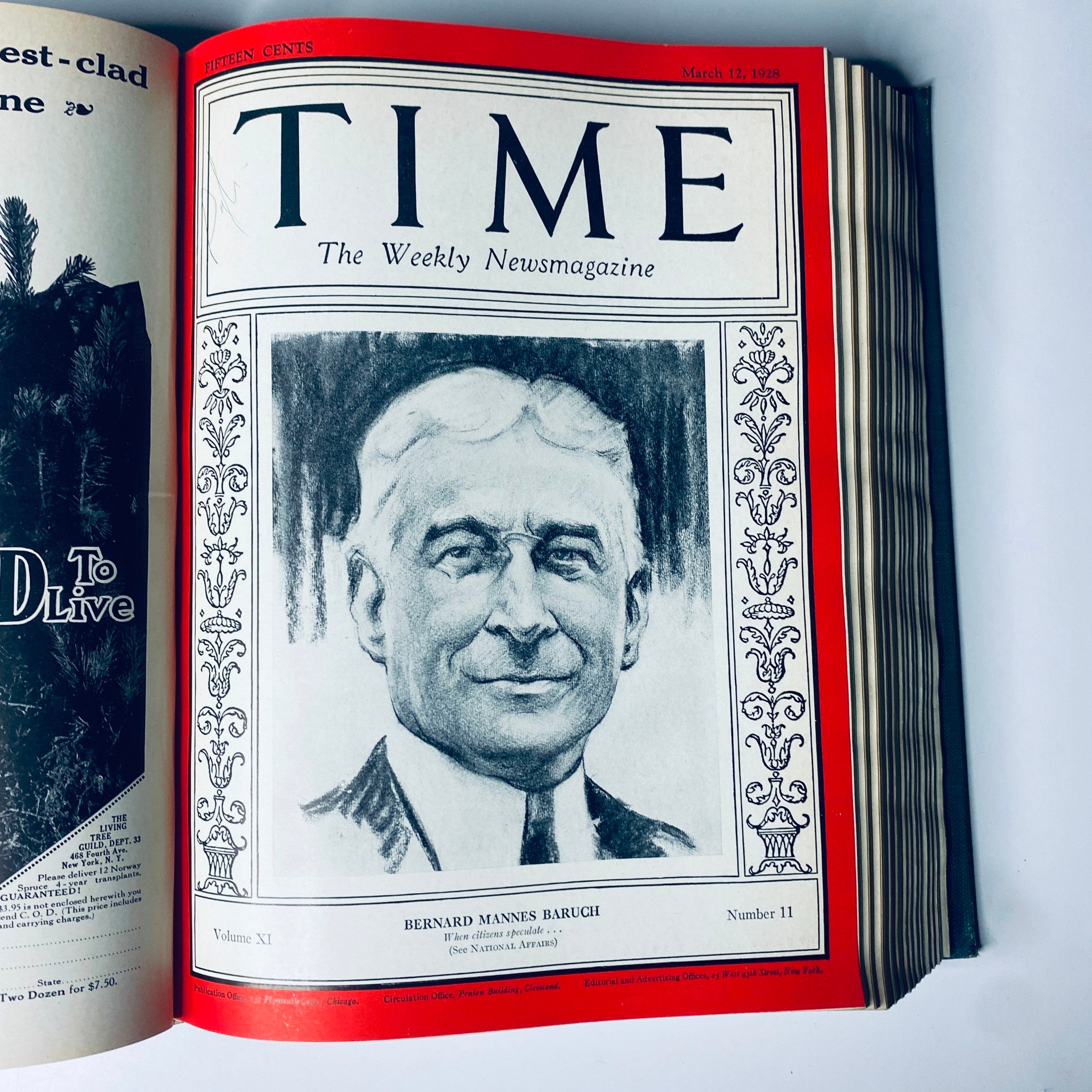Time Magazine cover featuring Bernard Mannes Baruch, dated March 12, 1928, part of the Time Magazine Bound Weekly from January to June 1928, highlighting influential figures.