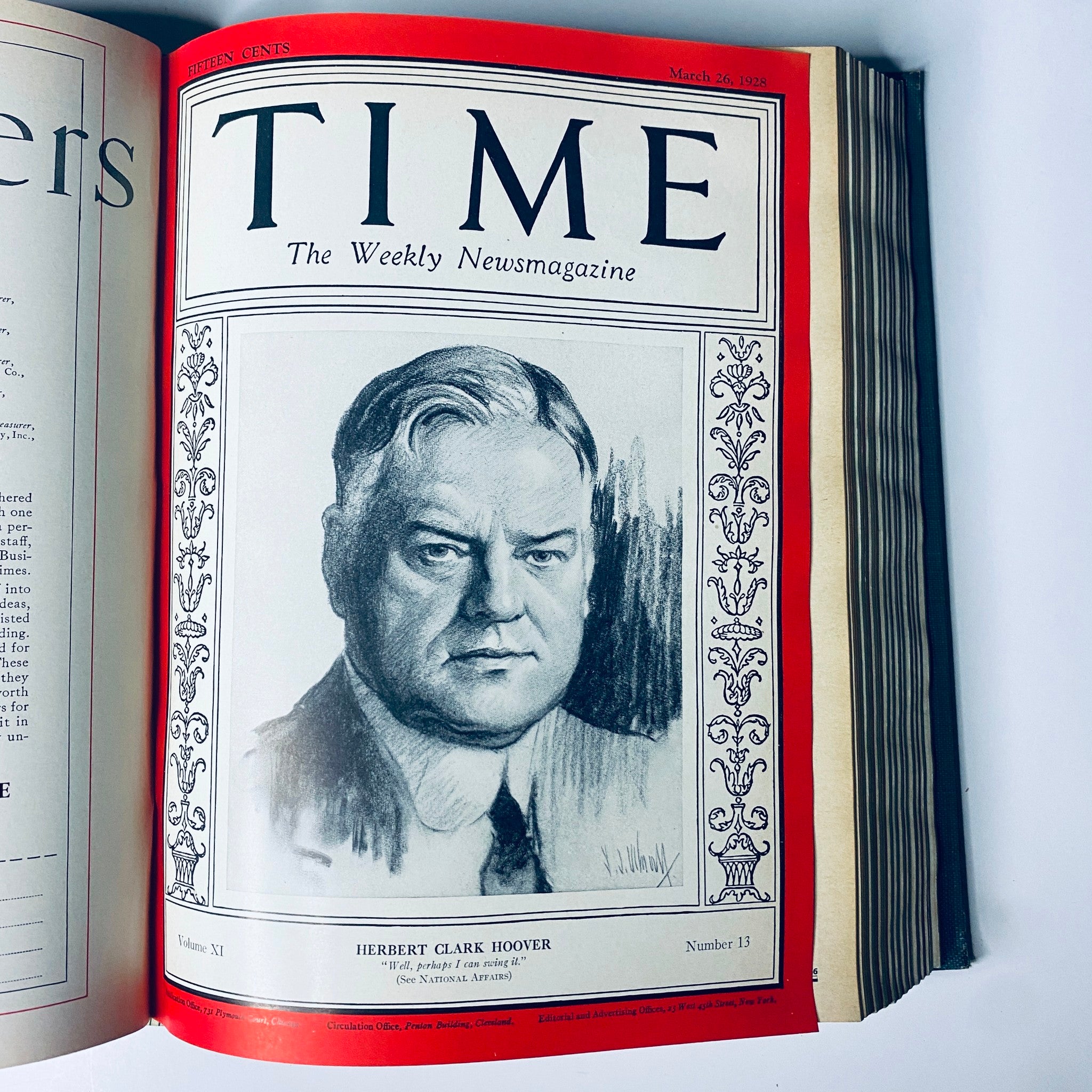 Time Magazine cover showcasing Herbert Clark Hoover, dated March 26, 1928, included in the Time Magazine Bound Weekly from January to June 1928.
