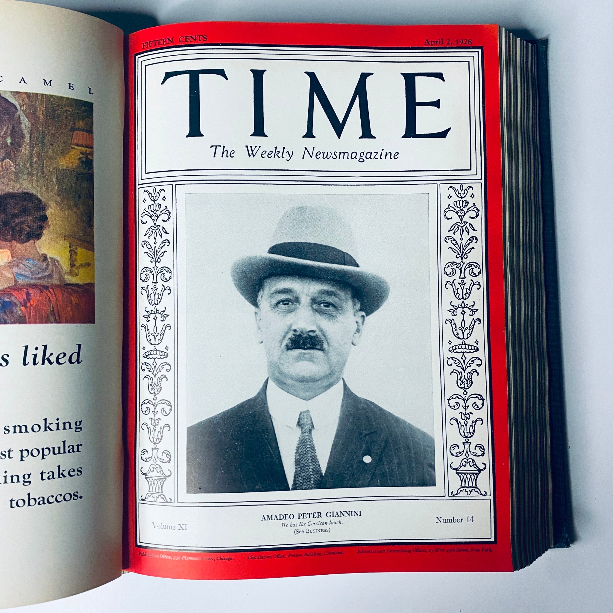 Time Magazine cover featuring Amadeo Peter Giannini, dated April 2, 1928, from the Time Magazine Bound Weekly collection highlighting significant historical figures.