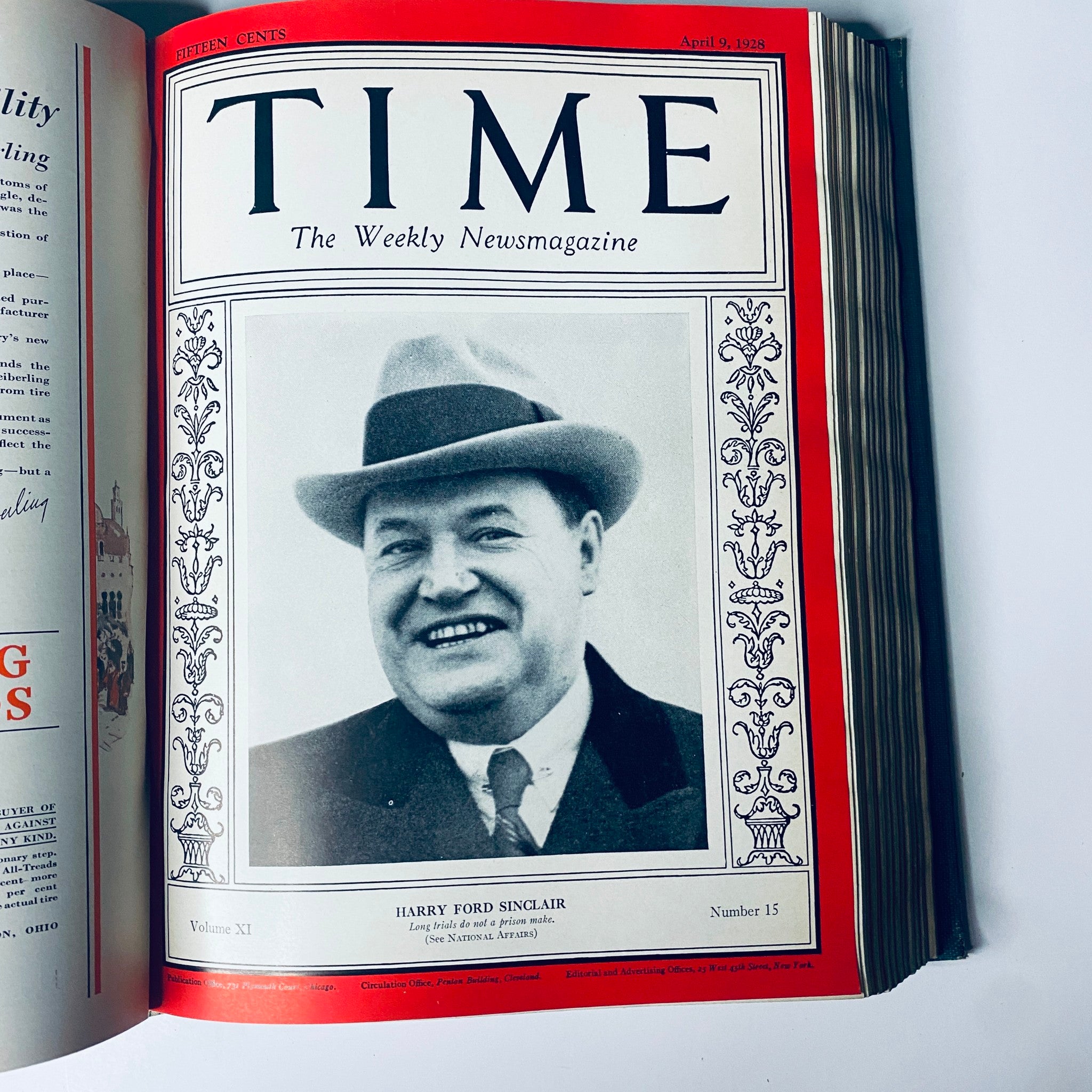 Time Magazine cover with Harry Ford Sinclair, dated April 9, 1928, part of the Time Magazine Bound Weekly from January to June 1928, marking notable individuals of the era.