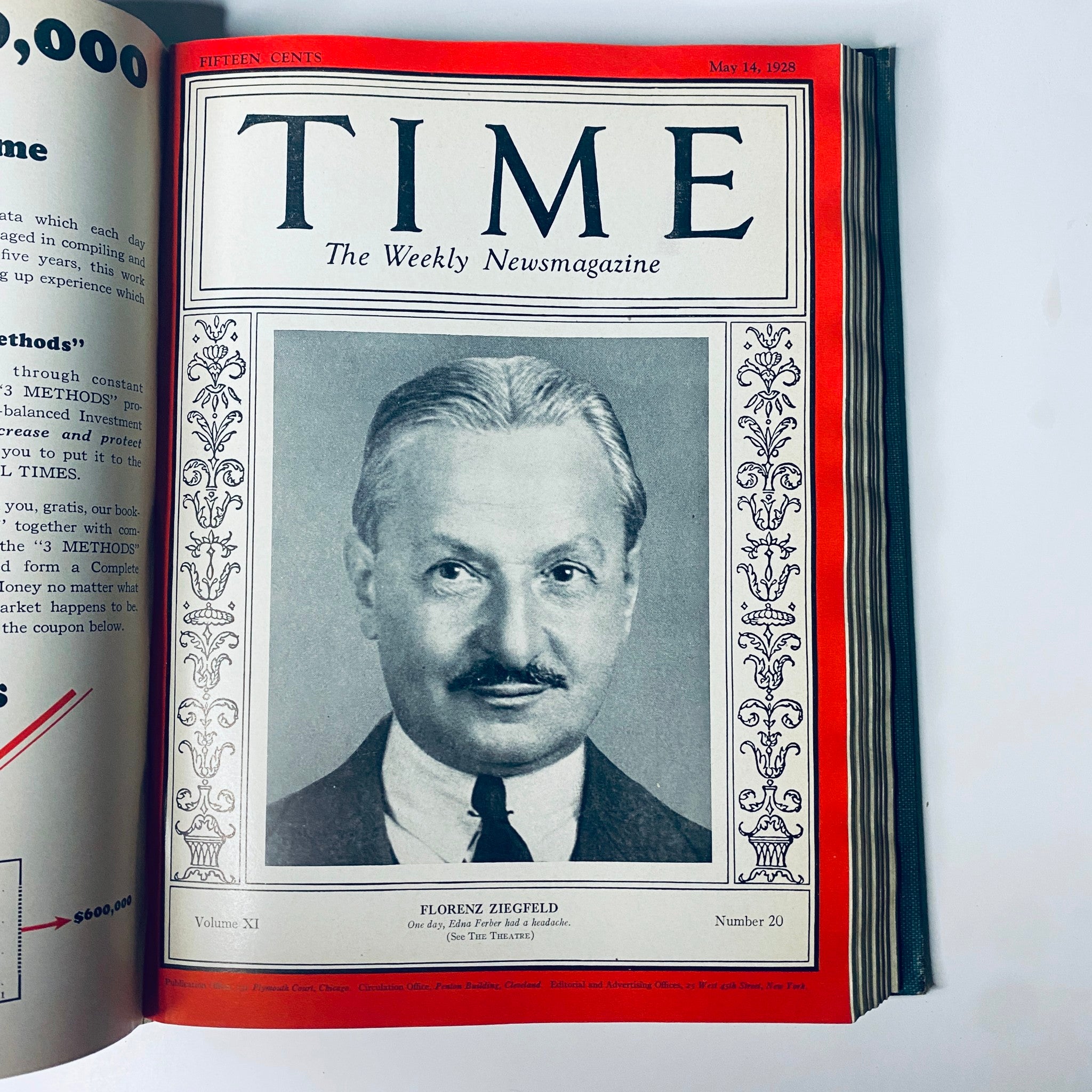 Time Magazine Bound Weekly 1928 January - June featuring Florenz Ziegfeld on the cover, published on May 14, 1928.