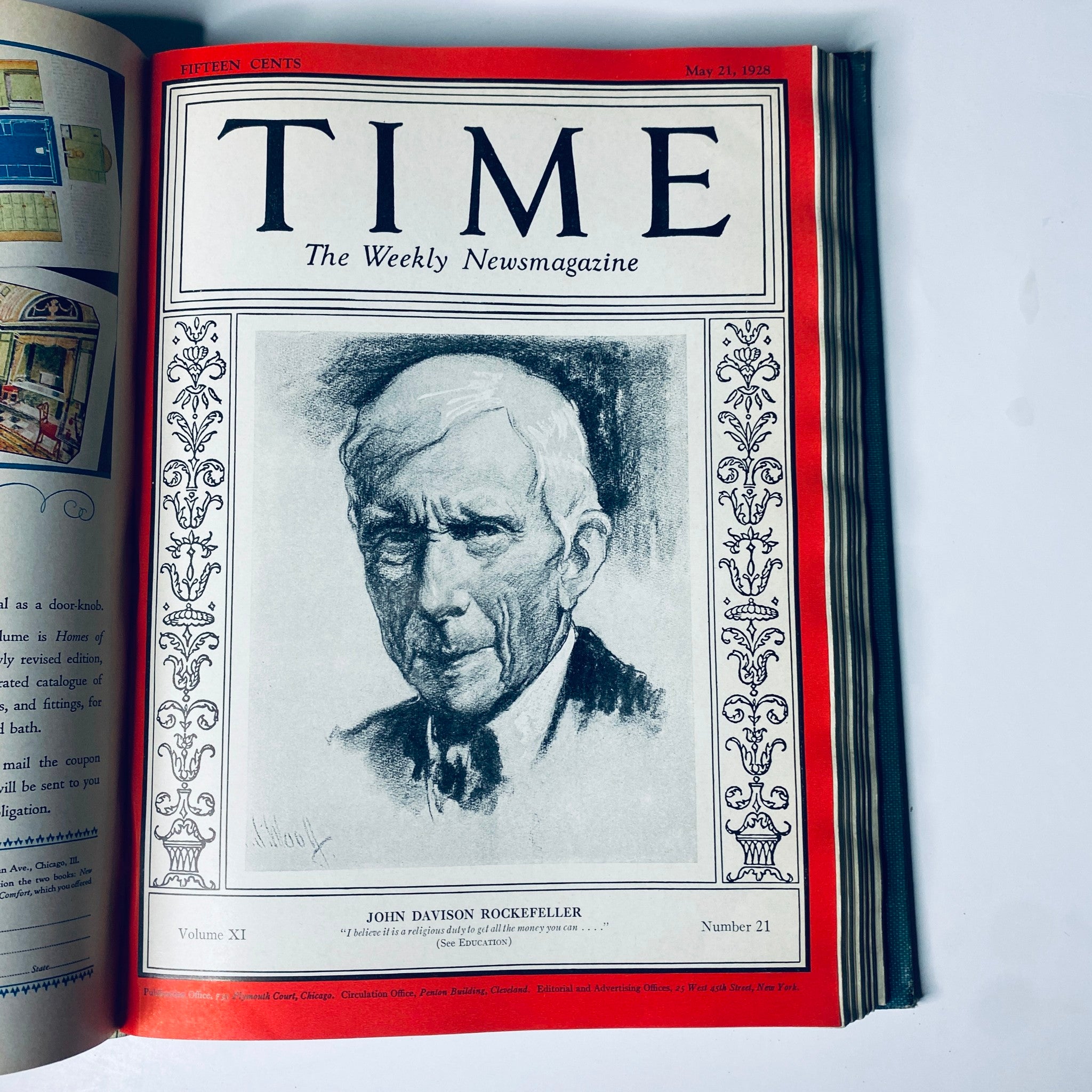 Cover of Time Magazine from May 21, 1928 featuring John Davison Rockefeller, part of the Time Magazine Bound Weekly 1928 January - June collection.