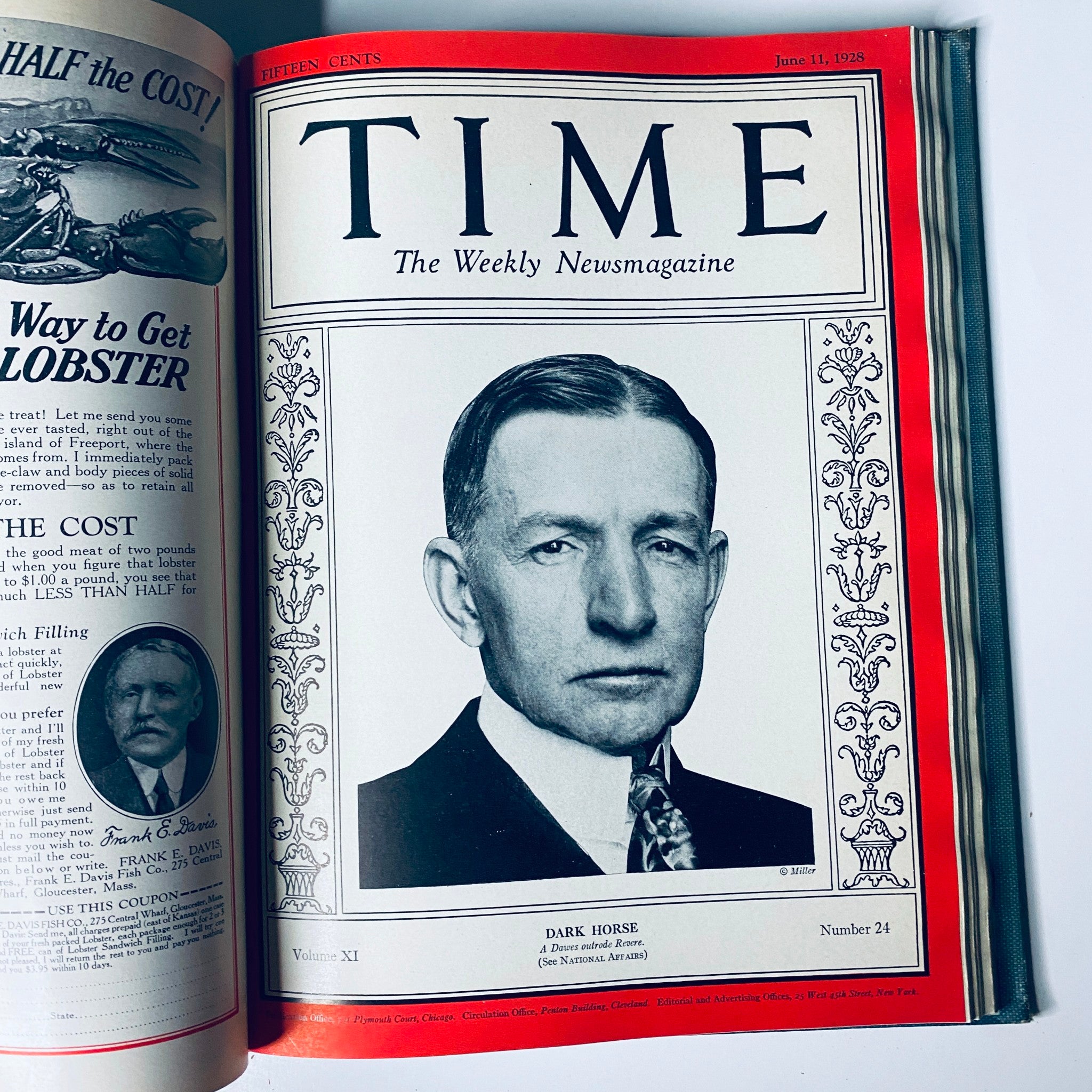 Cover of Time Magazine from June 11, 1928 featuring Dark Horse, included in the Time Magazine Bound Weekly 1928 January - June collection.