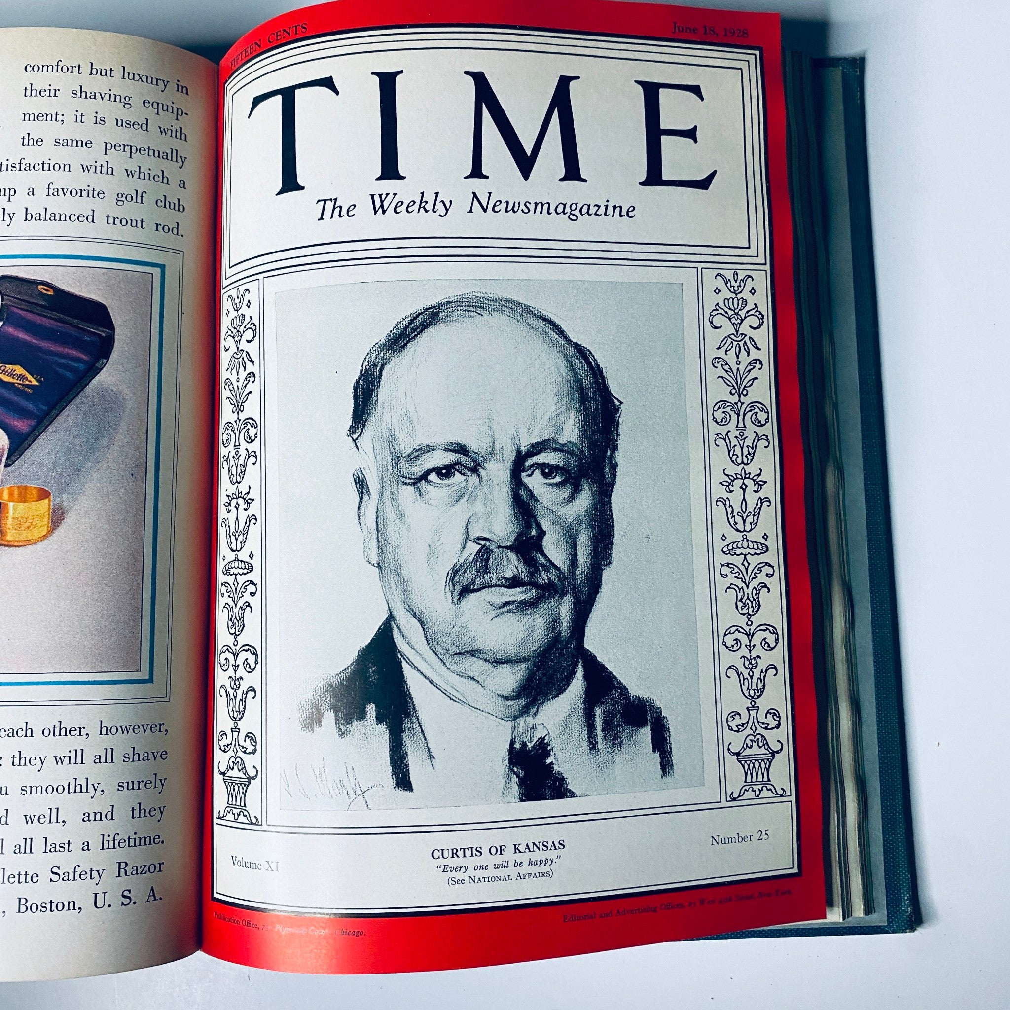 Cover of Time Magazine from June 18, 1928 featuring Curtis of Kansas, part of the Time Magazine Bound Weekly 1928 January - June collection.