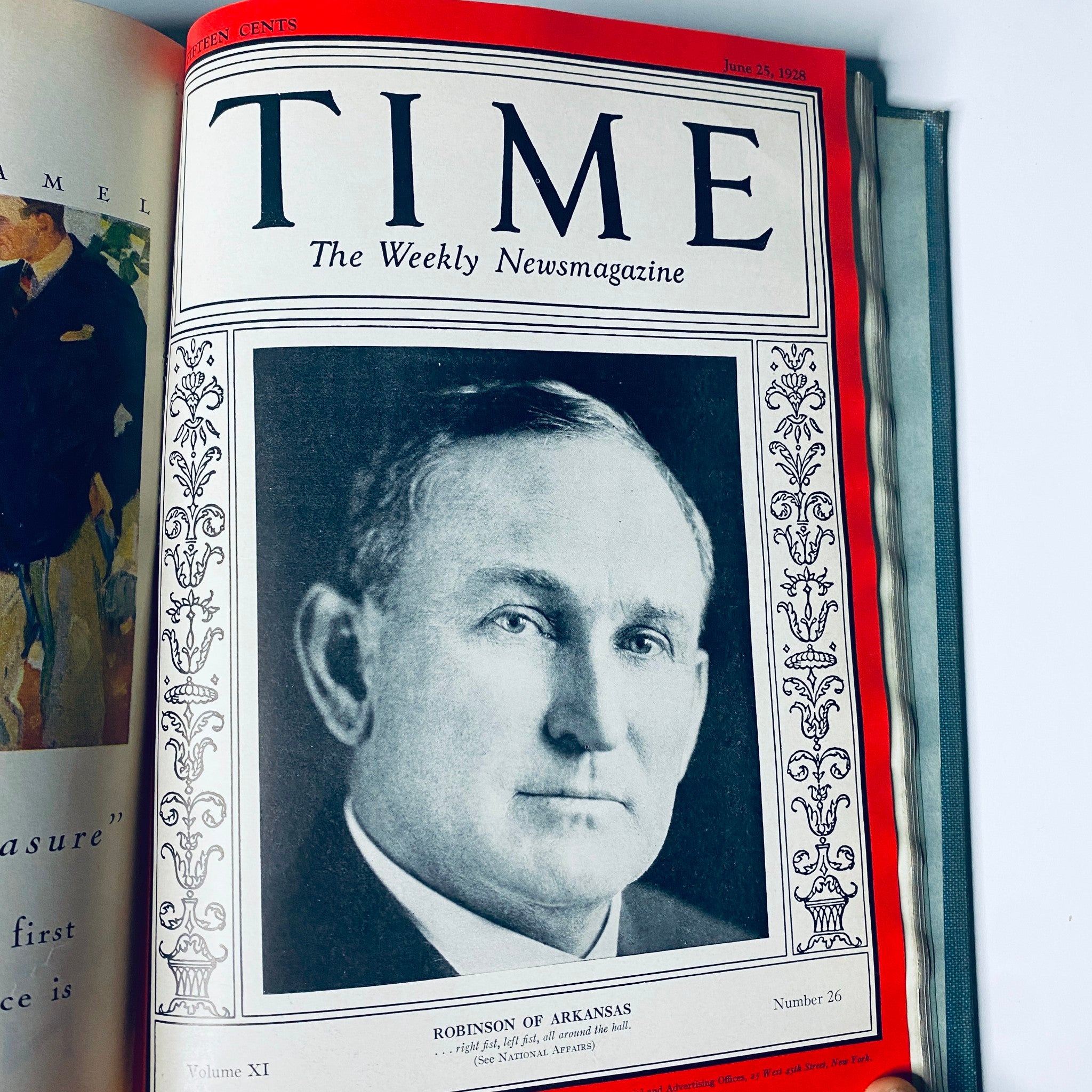 Cover page of Time Magazine Bound Weekly January - June 1928 featuring Robinson of Arkansas, showcasing historical figure references and journalistic imagery.