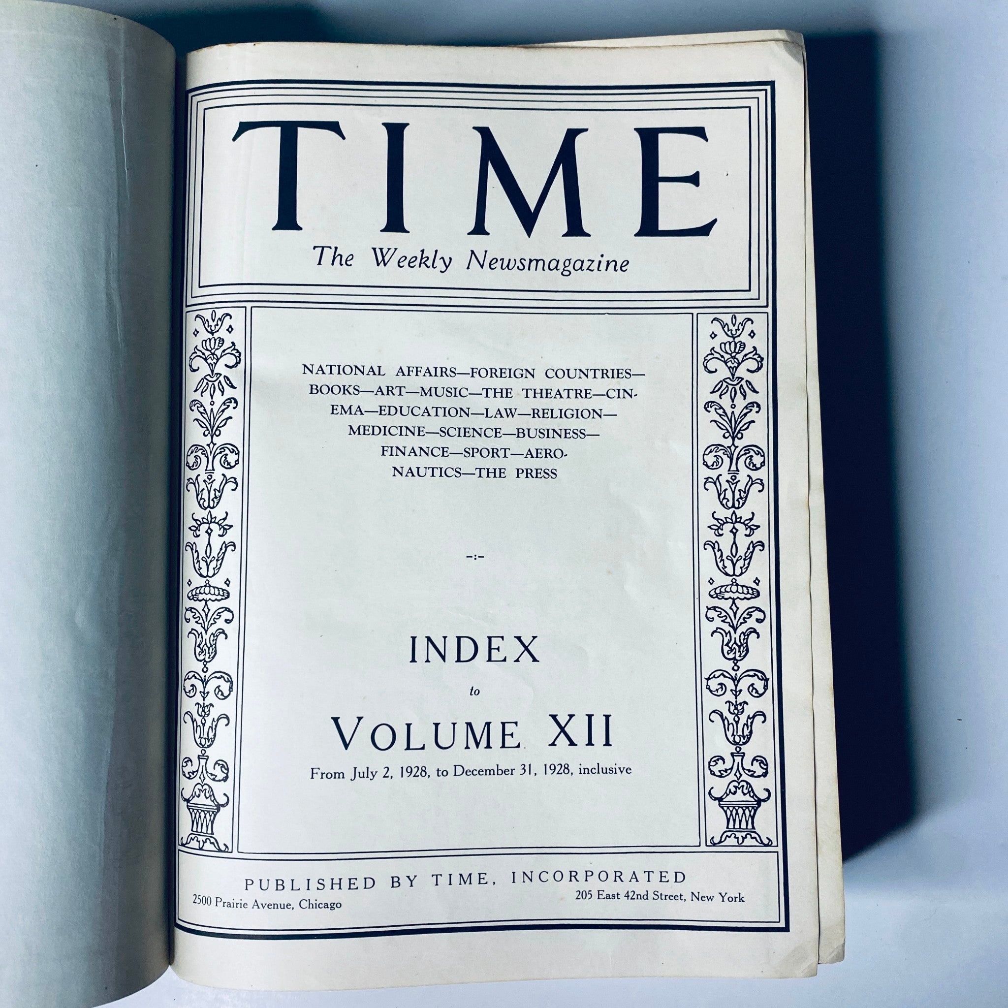 Index page of Time Magazine Bound Weekly July 2, 1928 - December 31, 1928 detailing the contents from this periodical collection.