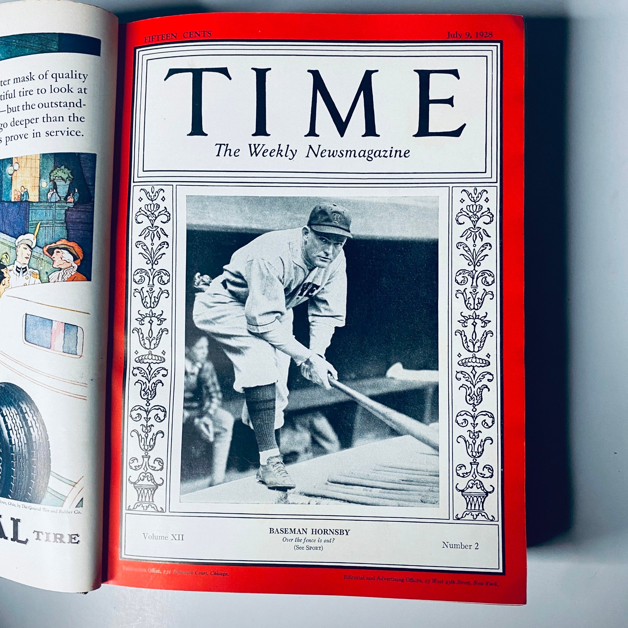 Cover of Time Magazine dated July 9, 1928, featuring Baseman Hornsby, as part of the collection Time Magazine Bound Weekly from July 2 to December 31, 1928.