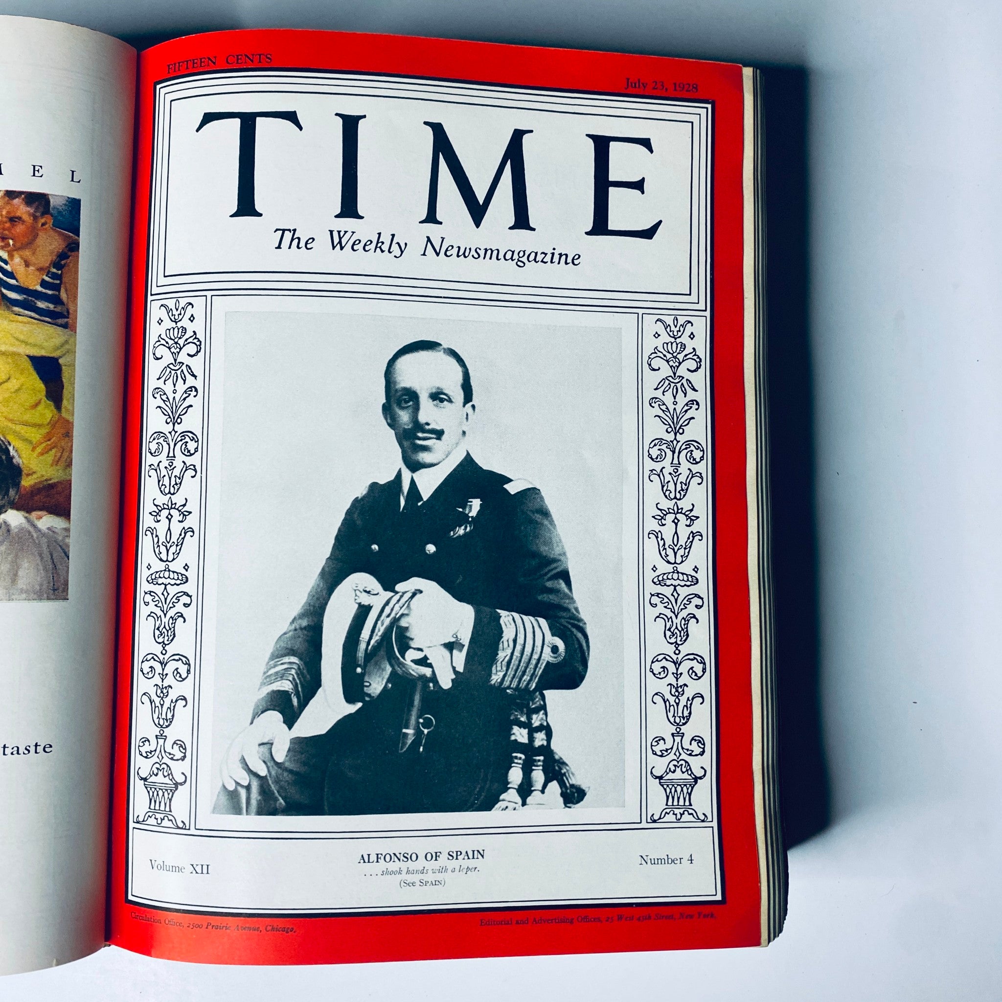 Cover of Time Magazine dated July 23, 1928, featuring Alfonso of Spain, included in the Time Magazine Bound Weekly from July 2 to December 31, 1928.
