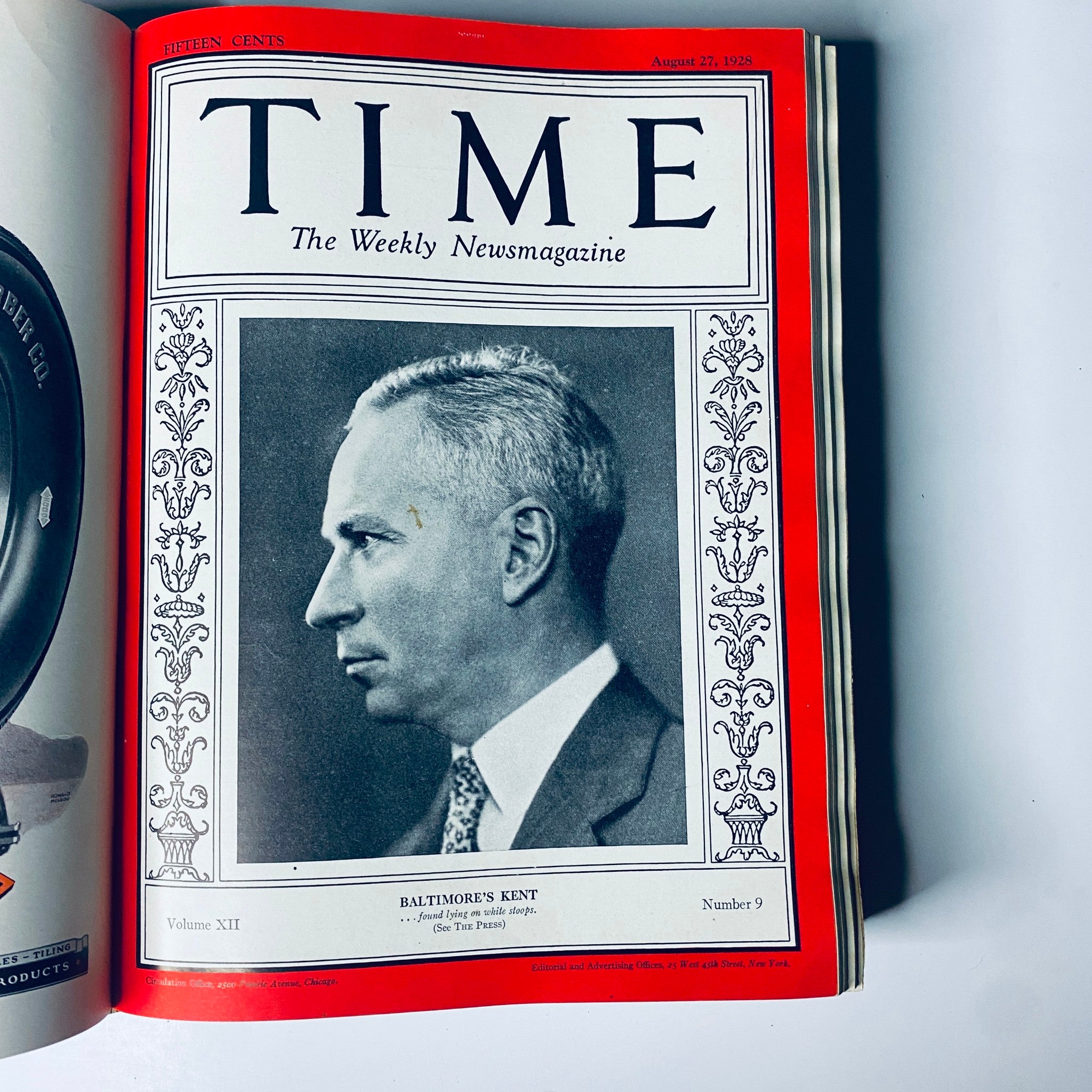 1938 Time Magazine cover featuring Baltimore's Kent, from the bound volume of weekly issues July 2 to December 31, 1928.
