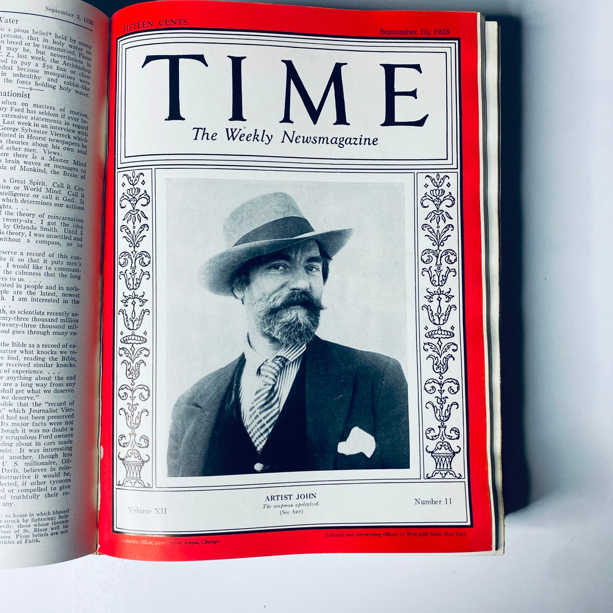 Time Magazine cover from September 10, 1928, featuring artist John. Part of the Time Magazine Bound Weekly July 2, 1928 - December 31, 1928, showcasing significant figures of the era.