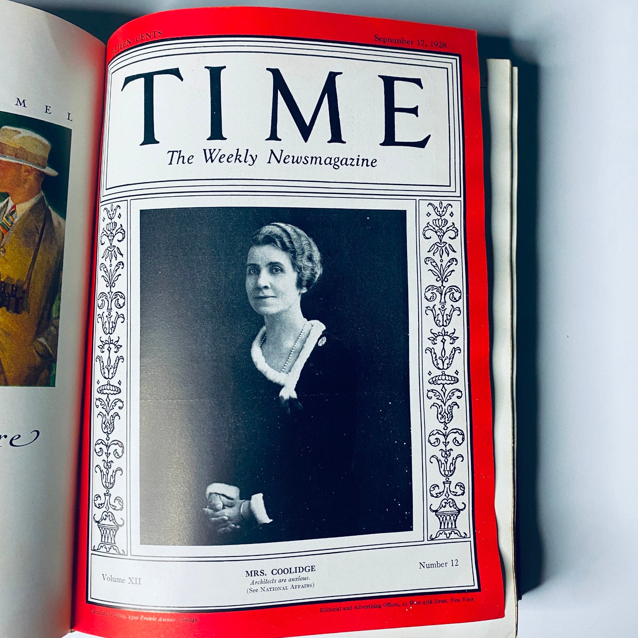 Time Magazine cover from September 17, 1928, featuring Mrs. Coolidge. Part of the Time Magazine Bound Weekly July 2, 1928 - December 31, 1928, depicting impactful personalities of the late 1920s.