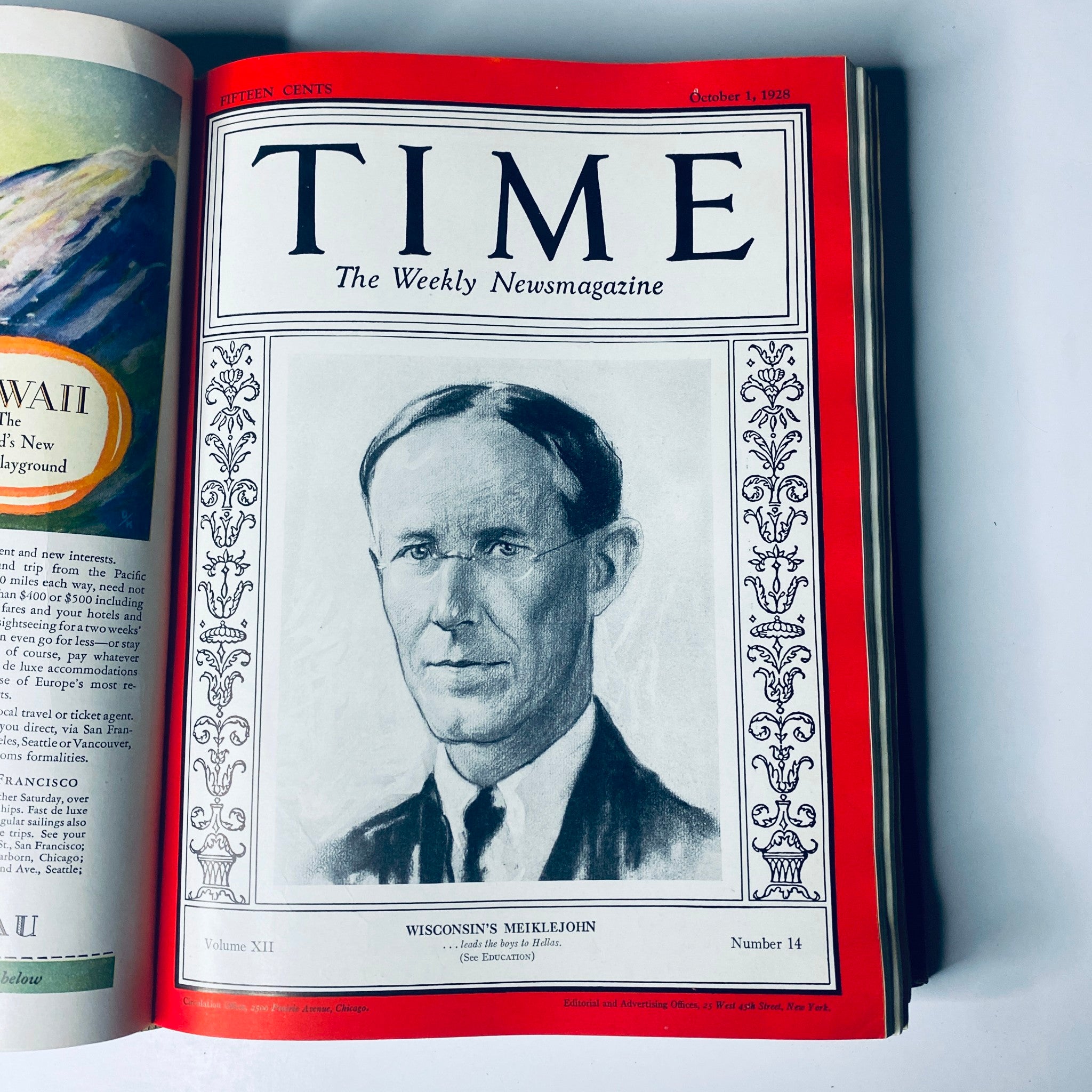 Time Magazine cover from October 1, 1928, featuring Wisconsin's Meiklejohn. Part of the Time Magazine Bound Weekly July 2, 1928 - December 31, 1928, illustrating historical stories and individuals of the time.