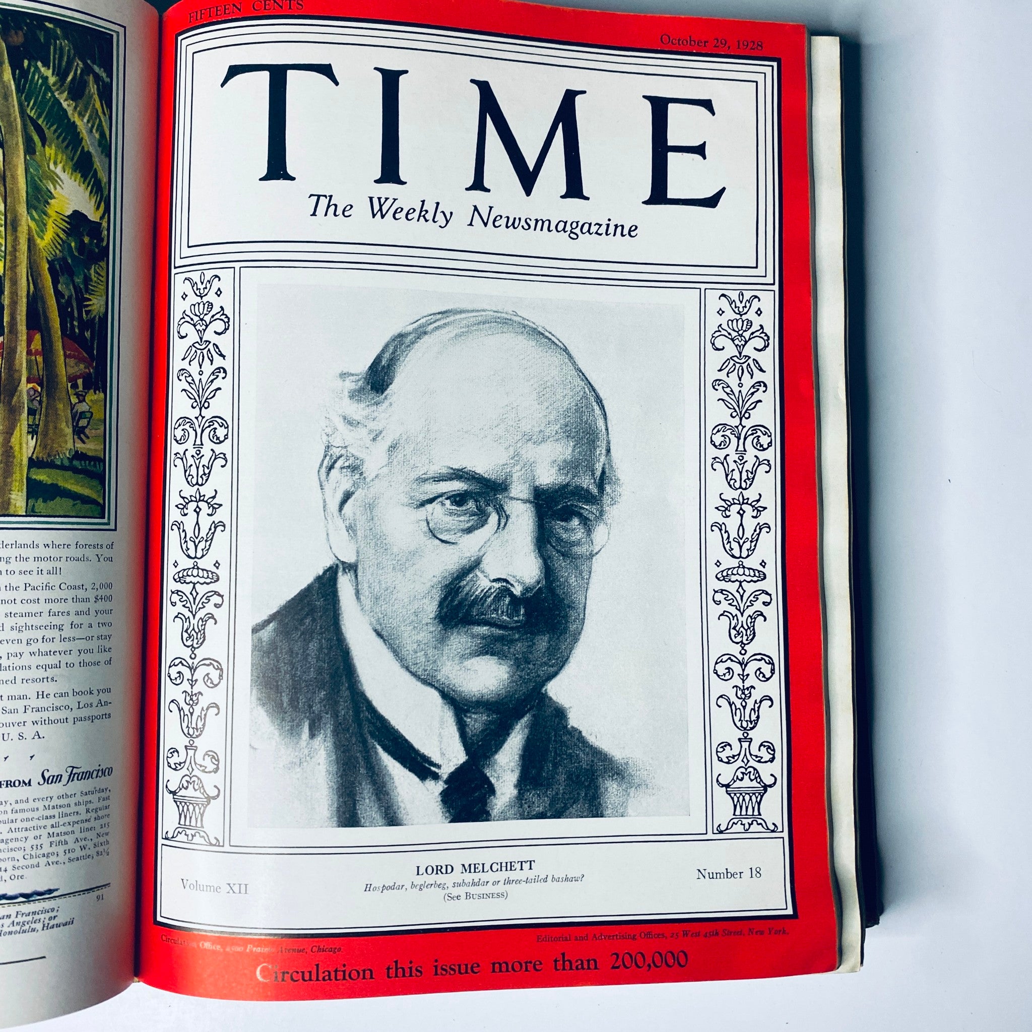 Time Magazine Bound Weekly July 2, 1928 - December 31, 1928 Emperor Hirohito, highlighting the October 29, 1928 cover featuring a sketch of Lord Melchett.