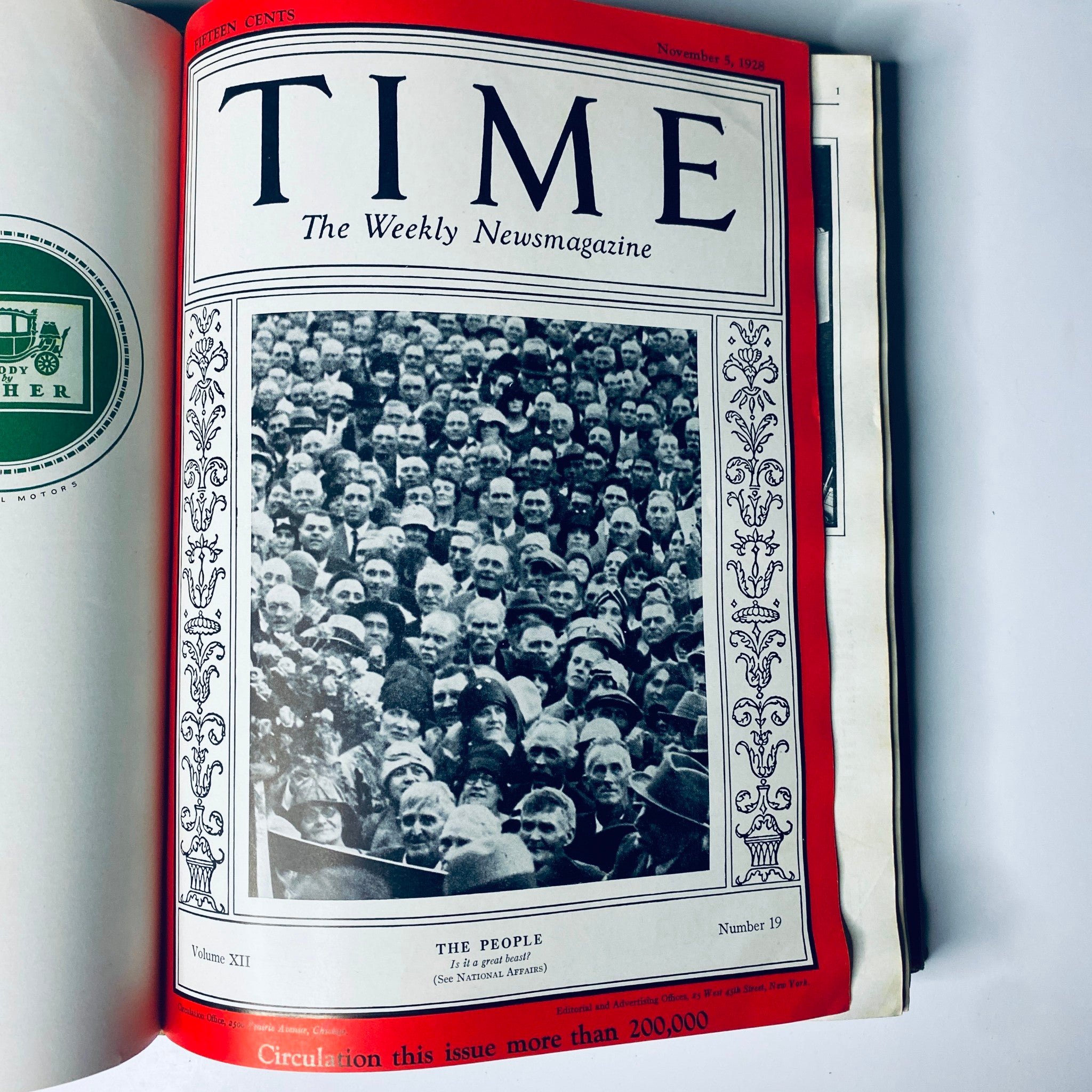 Time Magazine Bound Weekly July 2, 1928 - December 31, 1928 Emperor Hirohito, displaying the November 5, 1928 cover titled The People, featuring a crowd of people.