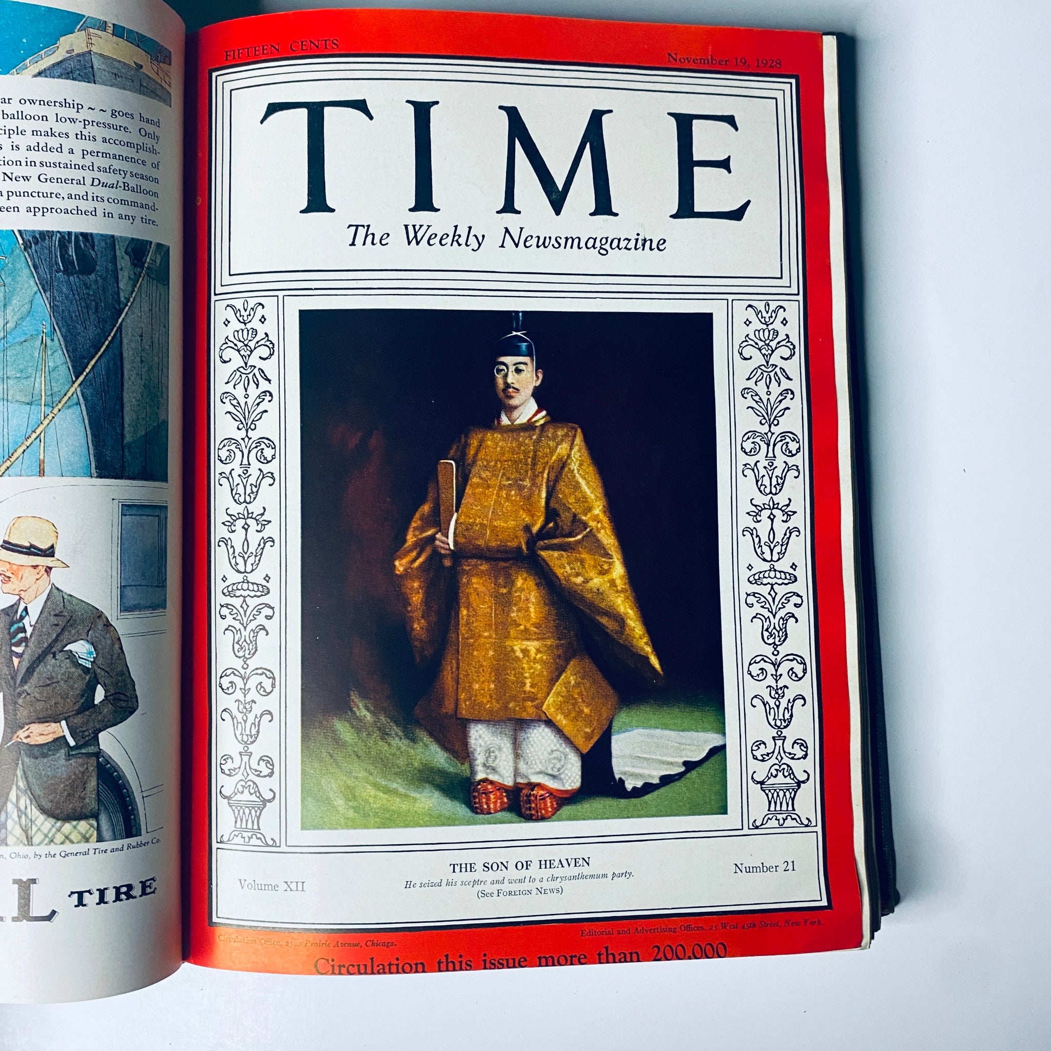 Cover of Time Magazine Bound Weekly July 2, 1928 - December 31, 1928 featuring 'The Son of Heaven', Emperor Hirohito, alongside advertisements and additional content typical of the late 1920s.