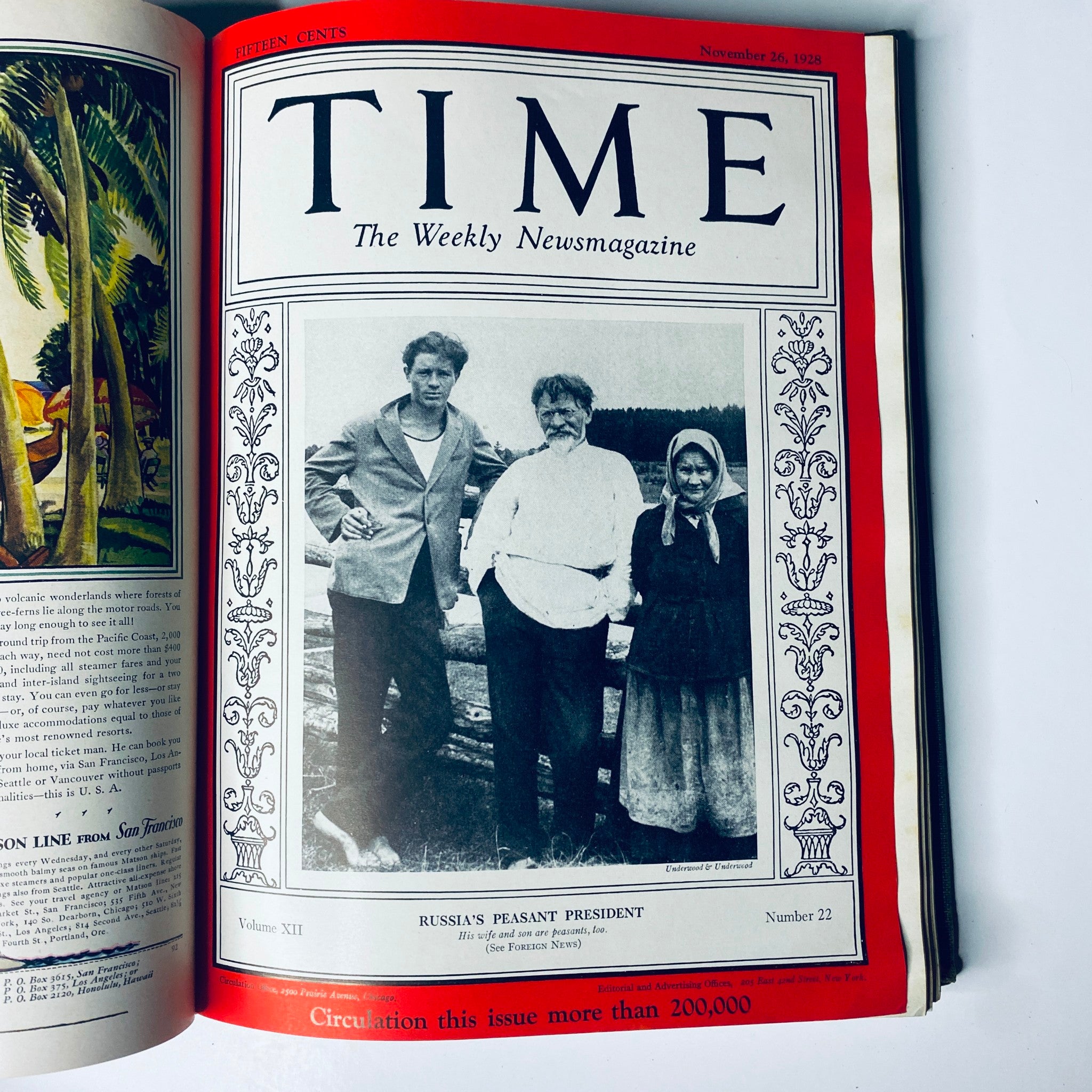 Time Magazine Bound Weekly July 2, 1928 - December 31, 1928 Emperor Hirohito, featuring an issue from November 26, 1928 with the title 'Russia's Peasant President' and a photograph of three individuals.