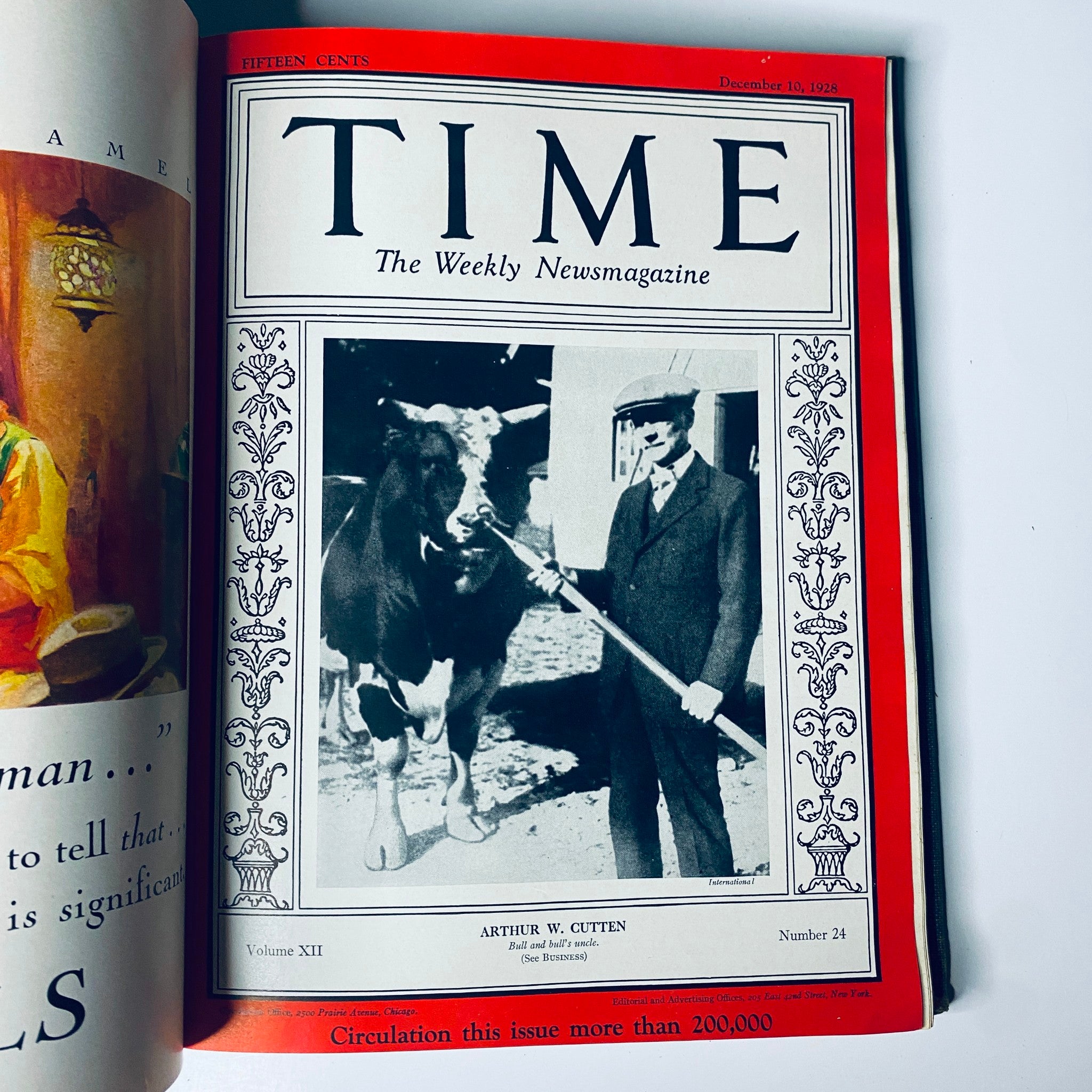 Time Magazine Bound Weekly July 2, 1928 - December 31, 1928 Emperor Hirohito, showcasing the issue from December 10, 1928 titled 'Arthur W. Cutten' featuring a man and a cow.